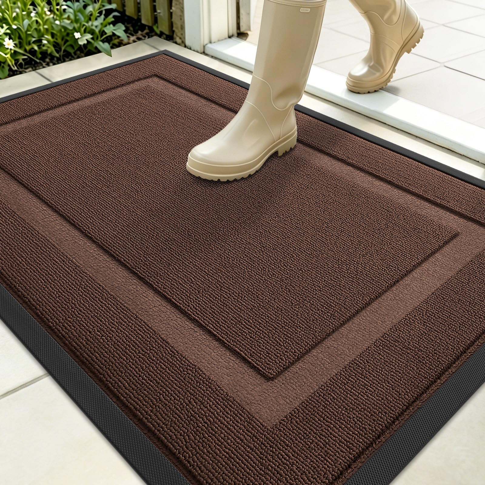 OLANLY Front Door Mat Outside 35x23, All-Season Heavy-Duty Rubber Doormat | Chocolate Brown, Absorbent, Stain and Fade Resistant, Non-Slip Backing, Low-Profile Indoor Outdoor Floor Mat for Entryway