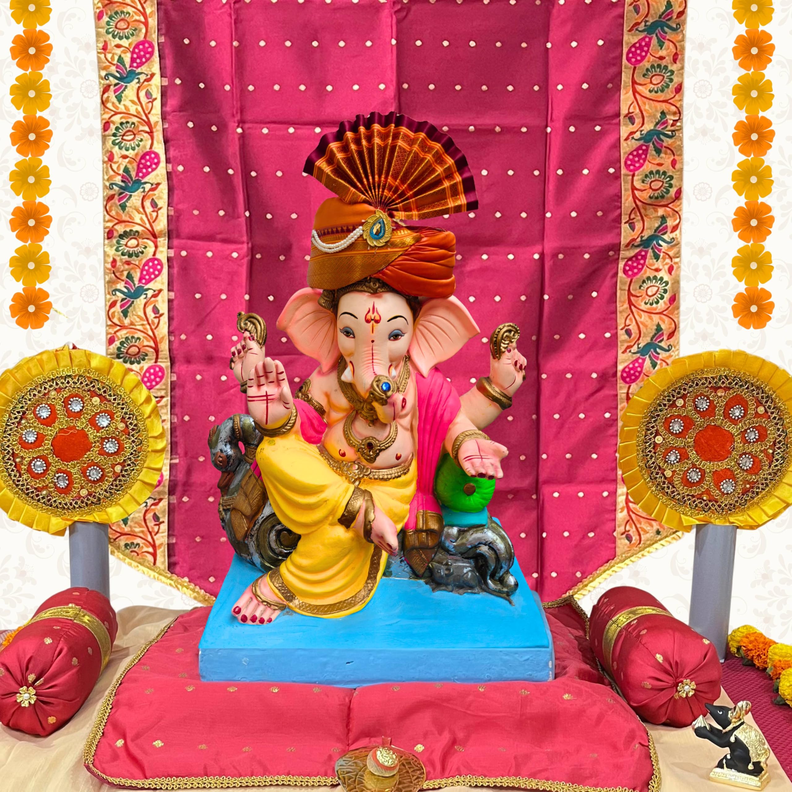 PUNYATVA Ganesh Feta Mukut (Turban, Silk, Orange) / Adjustable Ganesh Pheta, Gauri Ganpati Festival Decoration Accessories, Jewellery, Crown, Makhar, Traditional Pagdi, God Idol Headgear 1