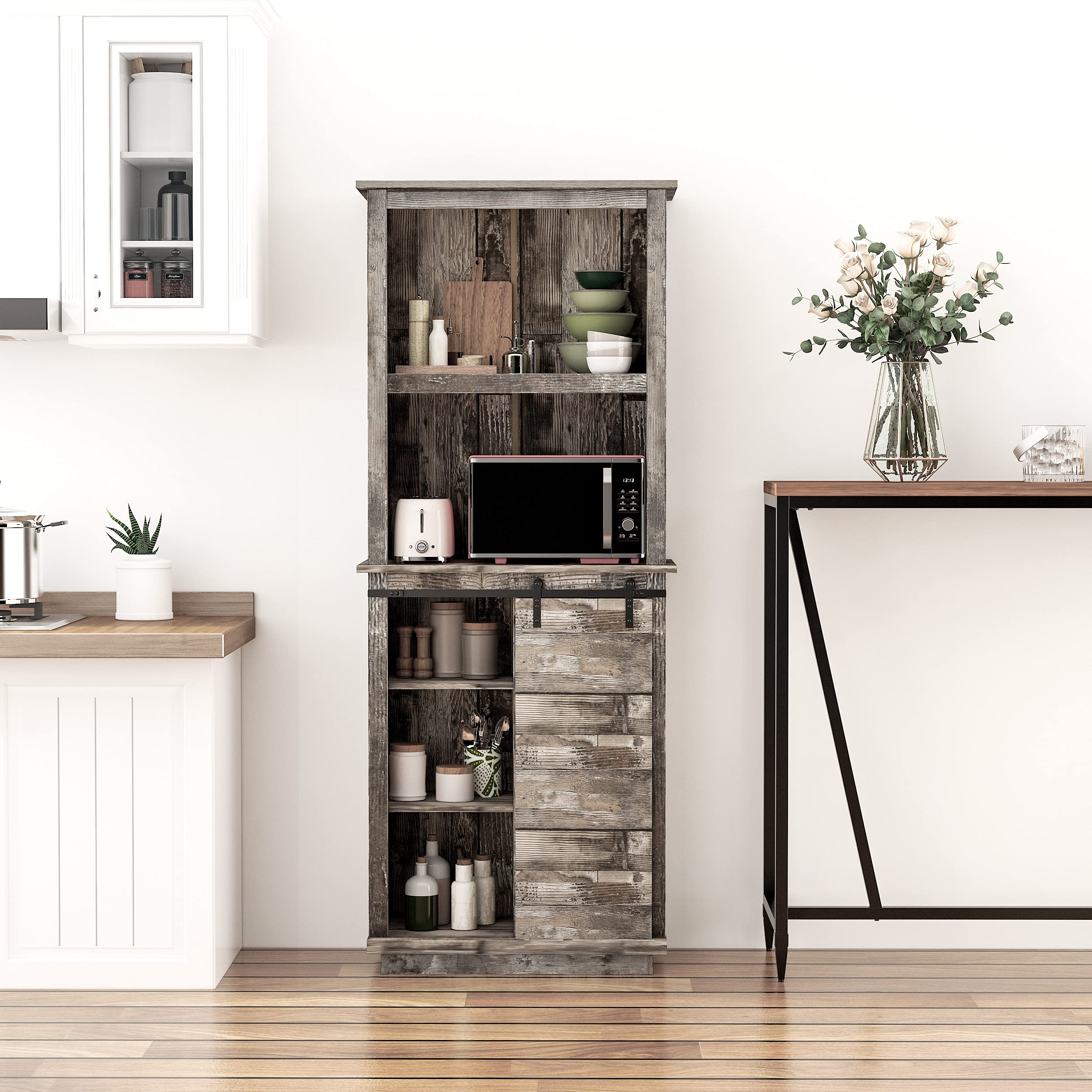 Freestanding Rustic Kitchen Buffet with Hutch, Pantry Storage with Barn Door