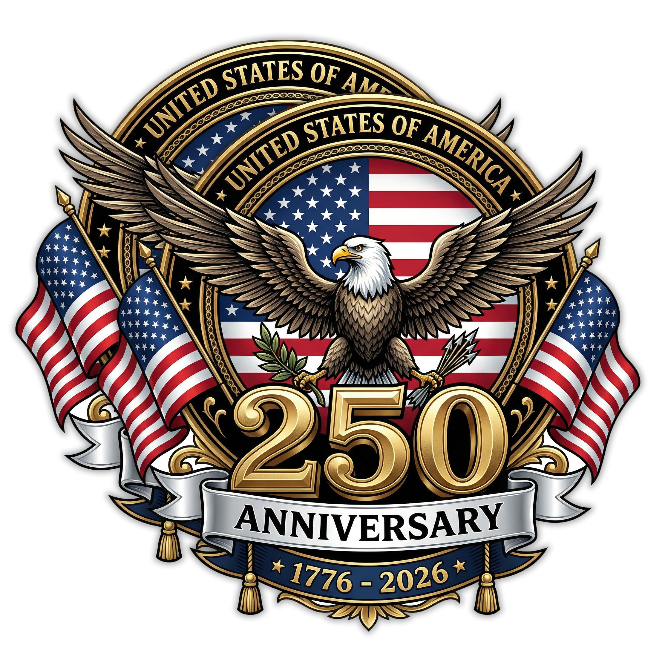 Photo 1 of 2 Pack 250th Anniversary America Sticker Patriotic 4th of July 1776–2026 Merchandise Vinyl Decal for Car, Truck,250 Years American Independence Bumper Stickers | Made in USA (3" x 3" - Small)
