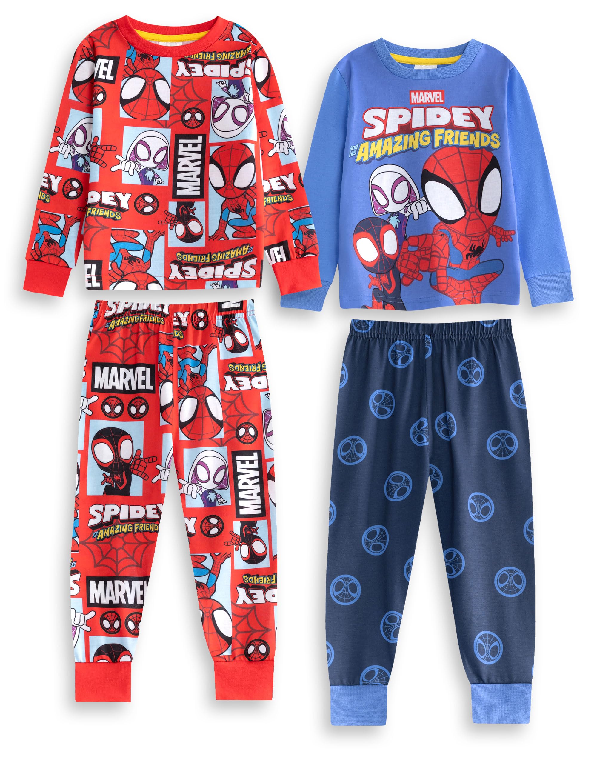 Marvel Spidey and His Amazing Friends Boys Blue & Red Multi-Pack of 2 Long Sleeve Long Leg Pyjama Set Cartoon Sleepwear with Spider-Man Design Merch - 4-5 Years