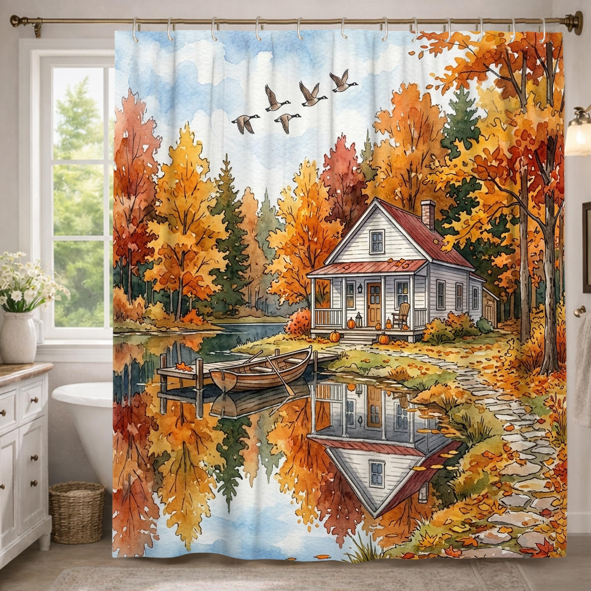 Rideau de douche motif arbres de la forêt orange et lac rustique