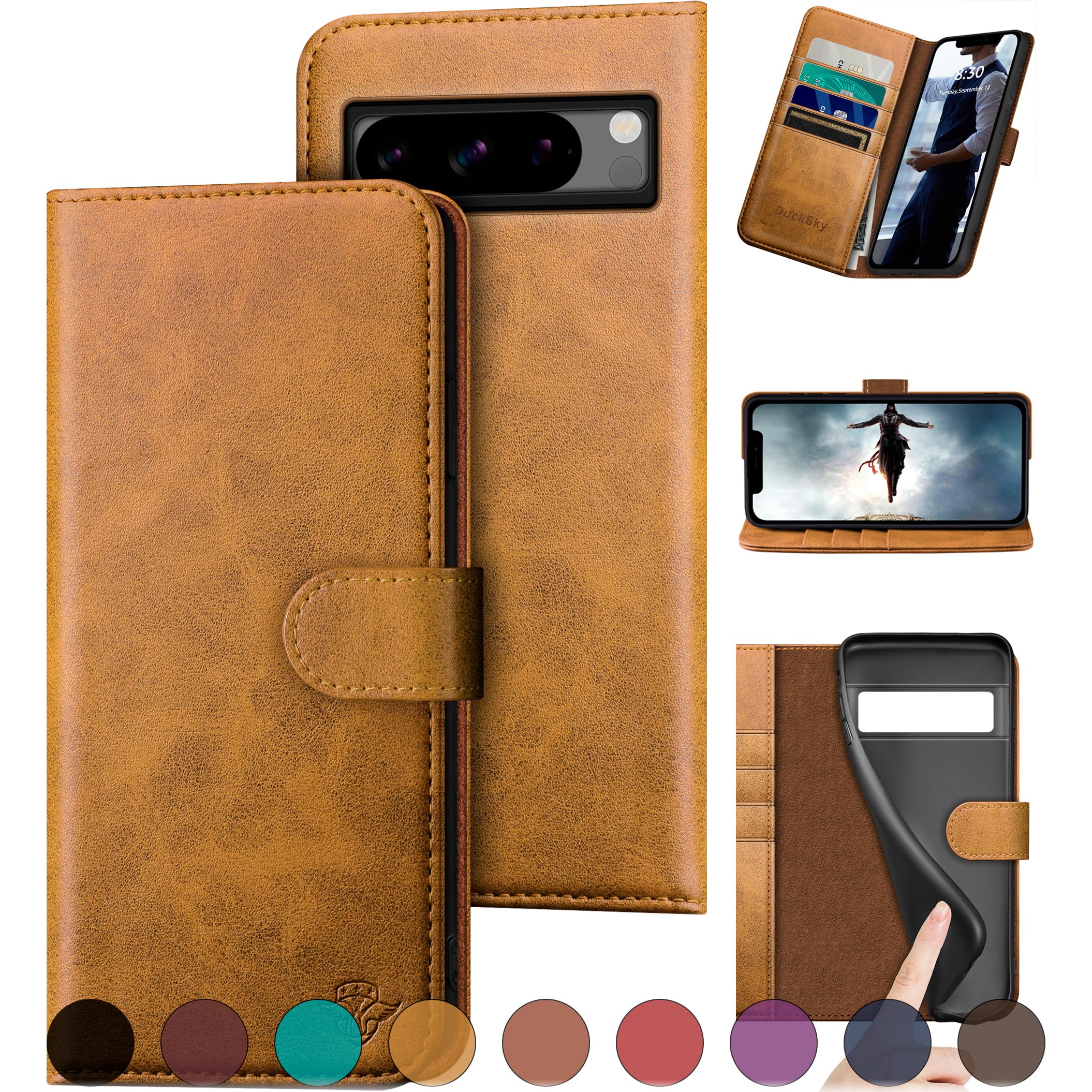DuckSky for Google Pixel 8 Pro Genuine Leather Wallet case ?RFID Blocking??4 Credit Card Holder??Real Leather? Flip Folio Book Phone case Protective Cover Women Men for Pixel 8Pro case Khaki