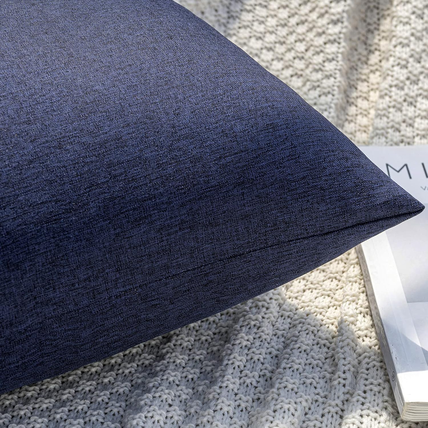 MIULEE Pack of 2 Decorative Outdoor Solid Waterproof Throw Pillow Covers Faux Linen Garden Farmhouse Cushion Cases for Summer Patio Tent Balcony Couch Sofa 20x12 Inch Navy - Image 2