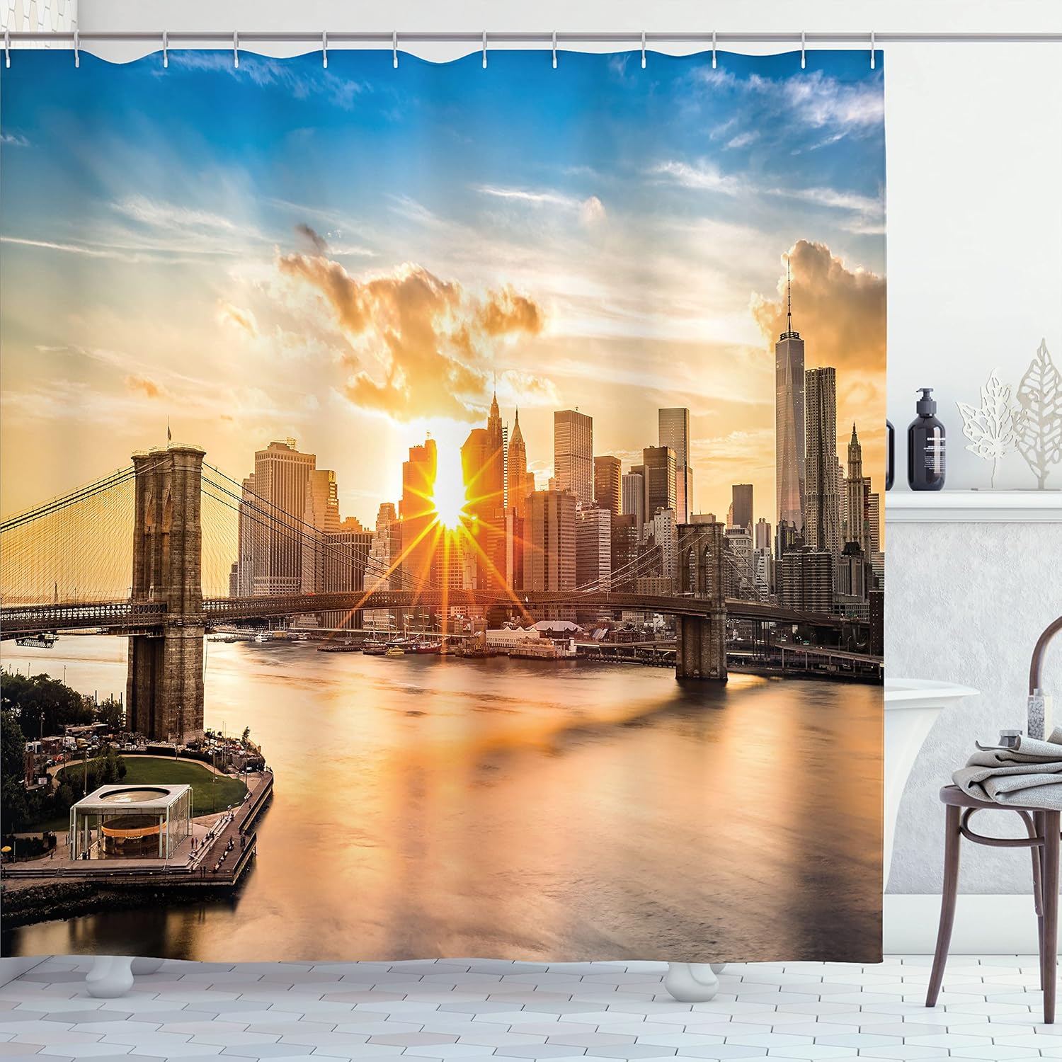 Ambesonne New York Shower Curtain, Cityscape of Brooklyn Bridge and Manhattan River Center of Culture Photo, Cloth Fabric Bathroom Decor Set with Hooks, 69" W x 84" L, Sky Blue Ecru Camel 69" W x 84" L Sky Blue Ecru Camel