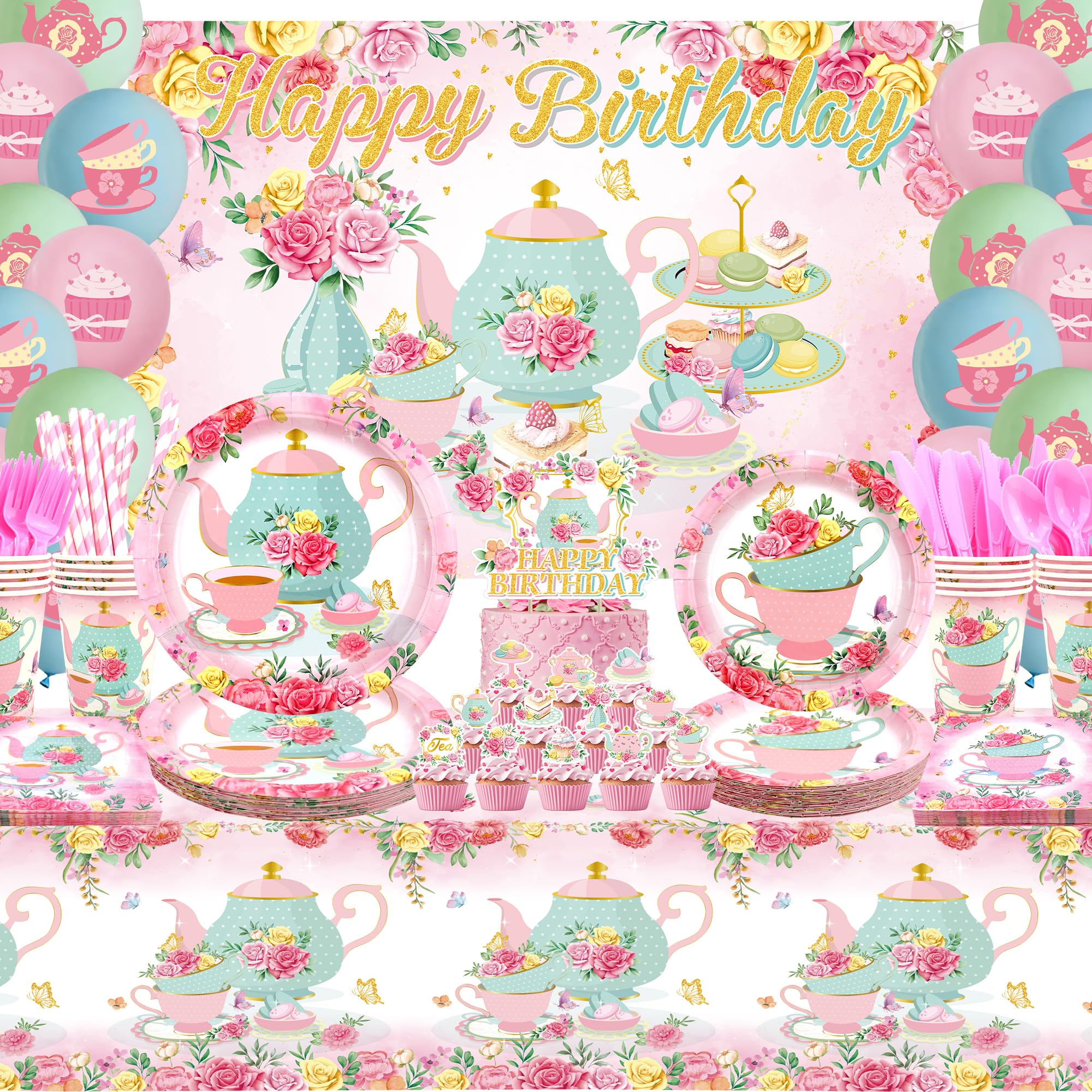 KEFAN Tea Birthday Party Decorations, Tea Theme Party Tableware Supplies including Backdrop, Plates, Cups, Napkins, Tablecloth, Balloons for Girls Birthday Party, Serves 20