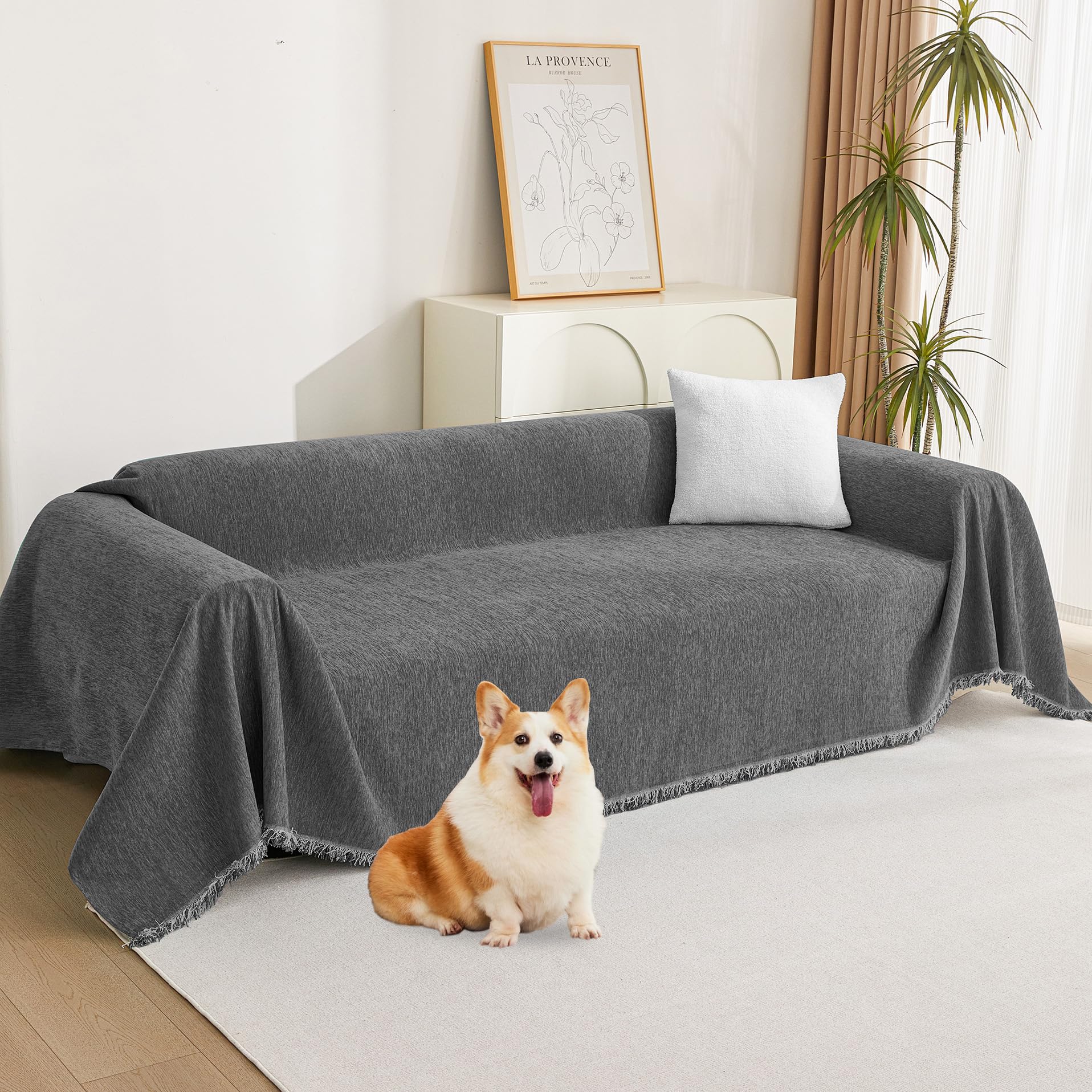 MYSKY HOME Boho Couch Cover Charcoal Gray Sofa Covers with Tassel Farmhouse Sofa Slipcover Simple Couch Protector for