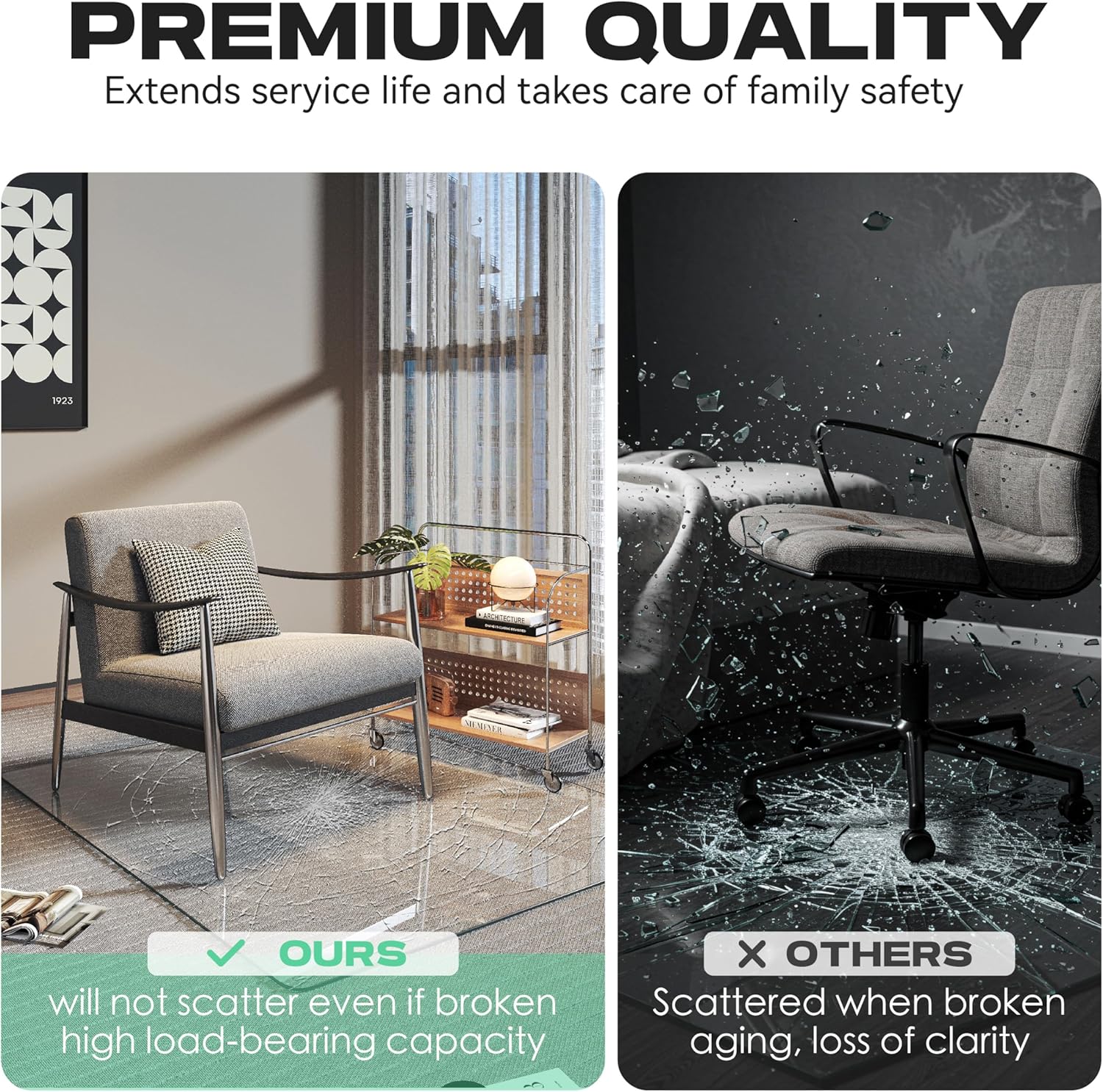 Tempered Glass 46" x 36" Round Corner Glass Chair Mat with Polished Edge, Heavy Duty Hard Clear Office Chair Mat, Transparent, Glides Smoothly, Easy Clean, Suitable for Carpet Hardwood Floors
