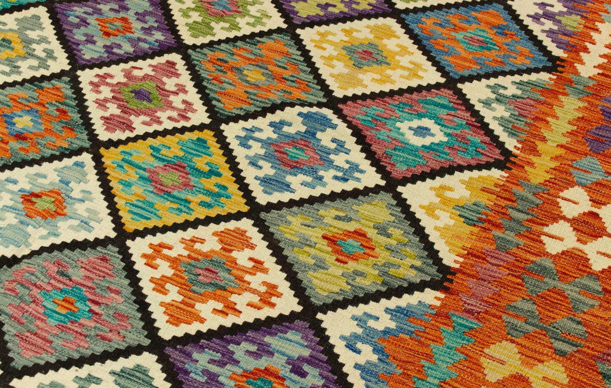 Tapis Kilim 100 % laine 300 x 200 cm fait à la main une pièce unique Herat Boho multicolore tissé plat tapis pour salon et salle à manger