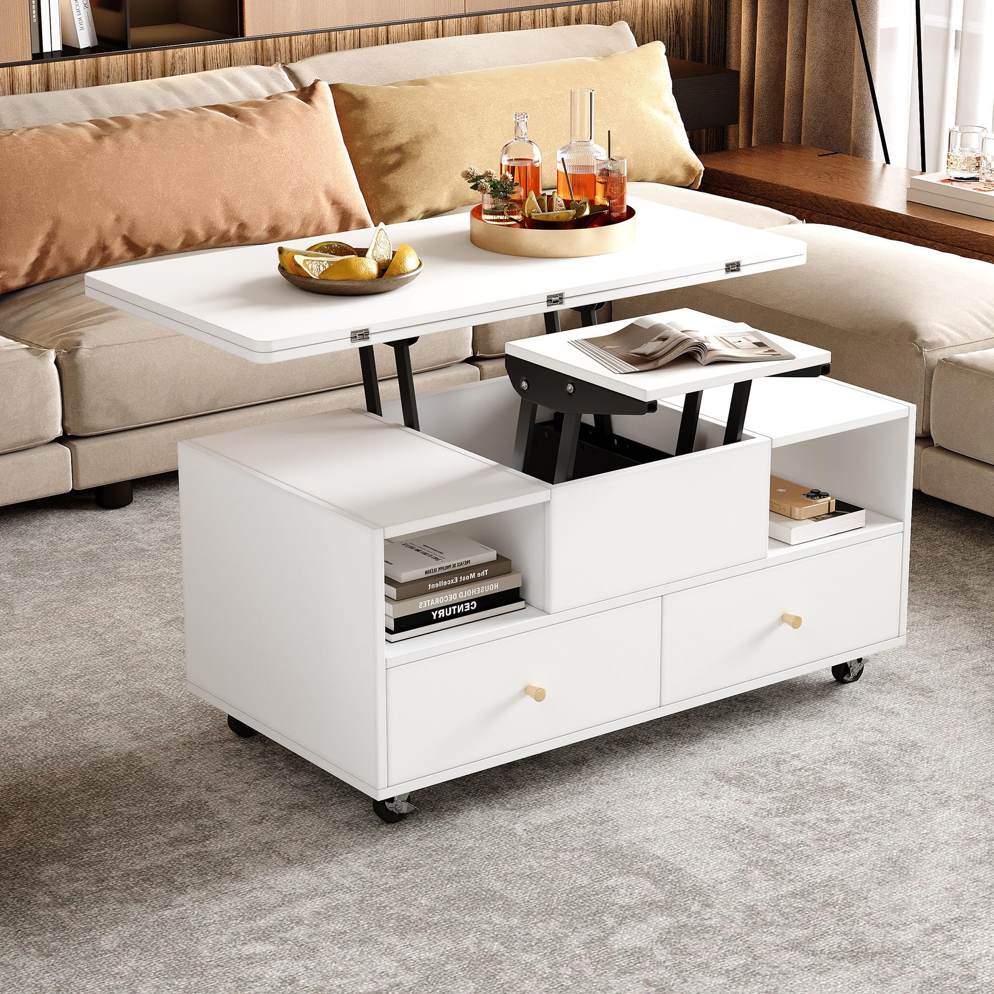 ModernLuxe Lift Top Coffee Table with Wheels, Convertible Coffee Table with 4 Drawers, 2 Lift-Up Tabletops, Expandable Dining and Work Table, Storage Centre Table for Living Room, White