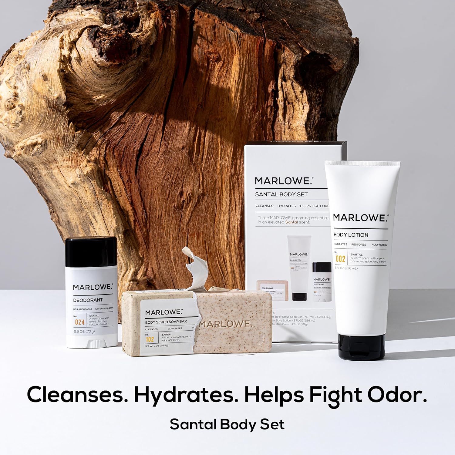 MARLOWE. Men's Grooming Santal Body Set, Features No. 102 Scrub Soap Bar, No. 024 Deodorant & No. 002 Body Lotion, Warm Amber, Sandalwood & Citron Scent