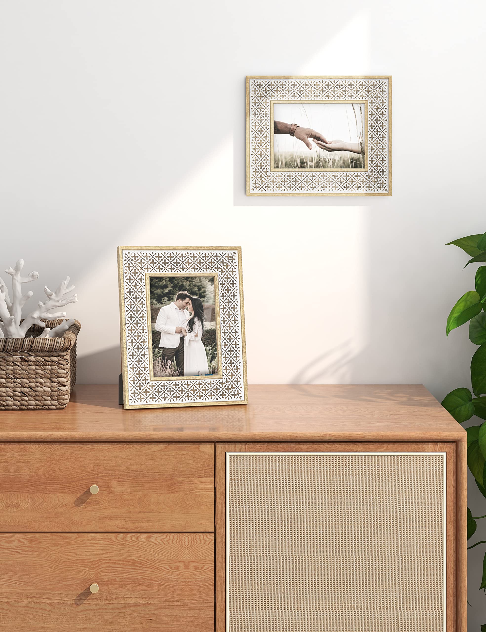 Takfot Boho Picture Frames 5x7 (2-Pack) - Rattan Carved Wood Frames For Wall Or Tabletop, Farmhouse & Bohemian Decor