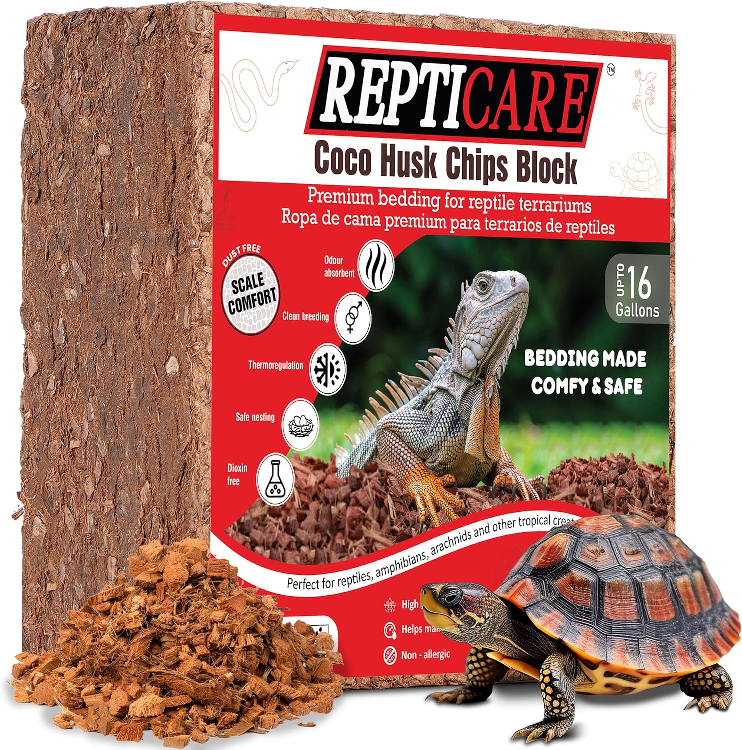 Gro-Med ReptiCare Compressed Coconut Chip Substrate for Reptiles 64 Quart Coco Husk Bedding Block for Ball Pythons, Snakes, Tortoises, Crested Geckos, Frogs, Hermit Crabs or Lizard Terrarium Tanks