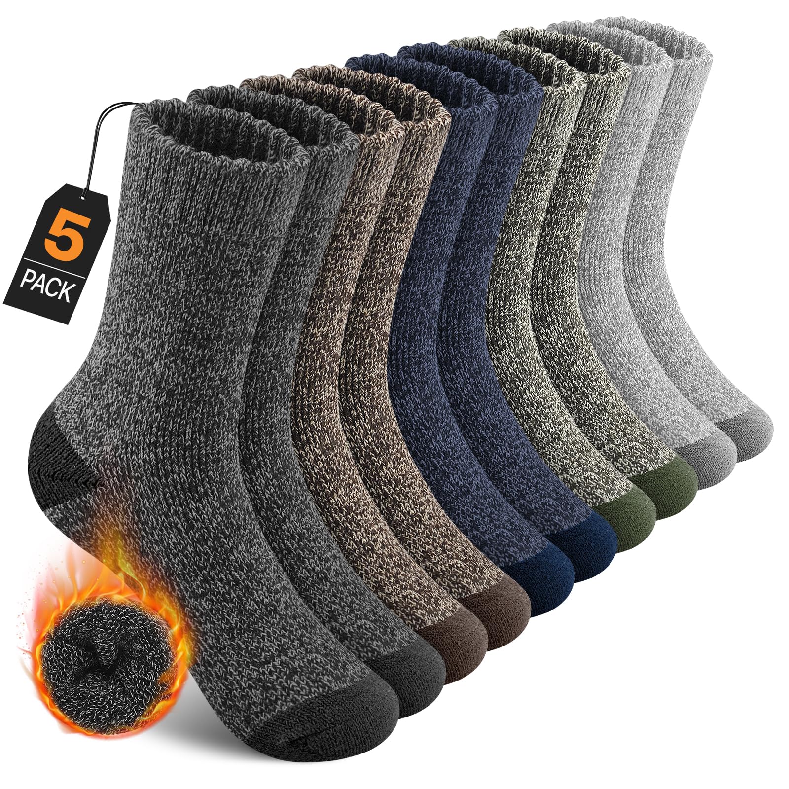 UUMIAER 5 Pairs Merino Wool Socks for Men, Thermal Wool Hiking Socks Supper Thick Winter Crew Socks (US Size 7-13)