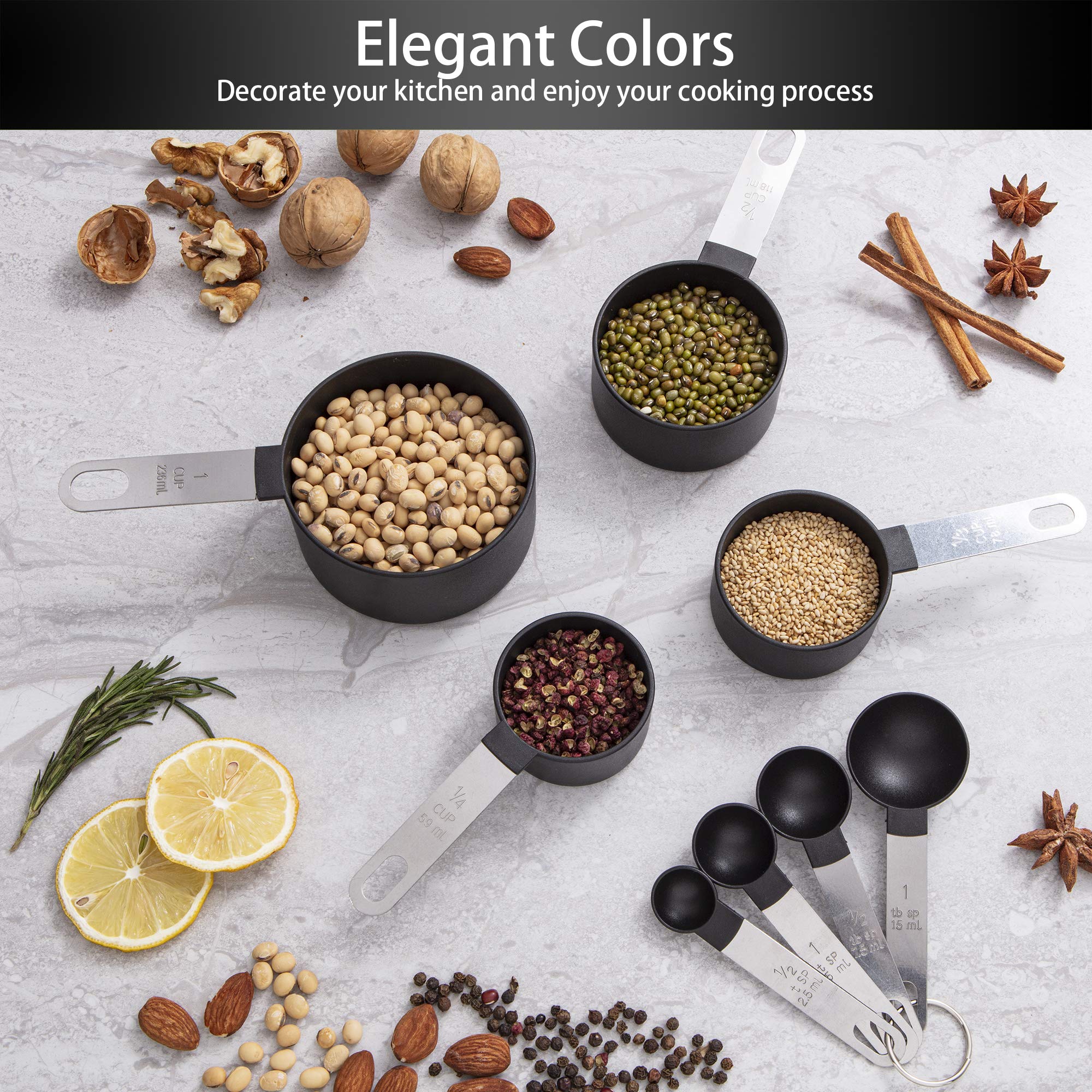 Huygens - Set di misurini e cucchiai da cucina, 8 pezzi, impilabili con manico in acciaio inox per misurare ingredienti secchi e liquidi (nero)