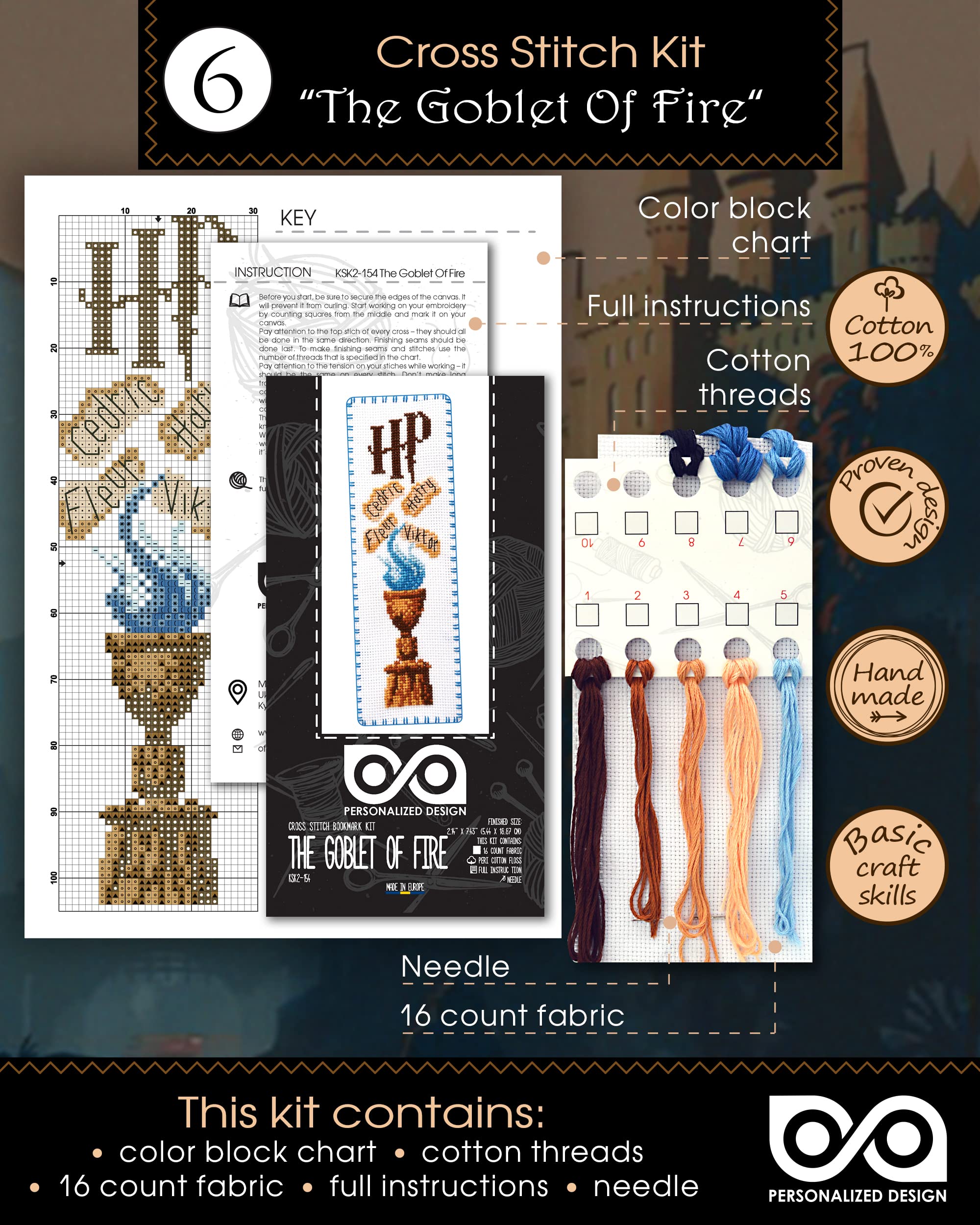 Personalized.Design Kit punto croce contato Magic World of Wizards – Segnalibri 7 in 1 fai da te ricamati a mano