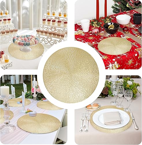 Miniatura 6 de Snowkingdom Juego de 8 manteles individuales redondos dorados de vinilo hueco metálico dorado de 15 pulgadas, lavables, fáciles de limpiar,