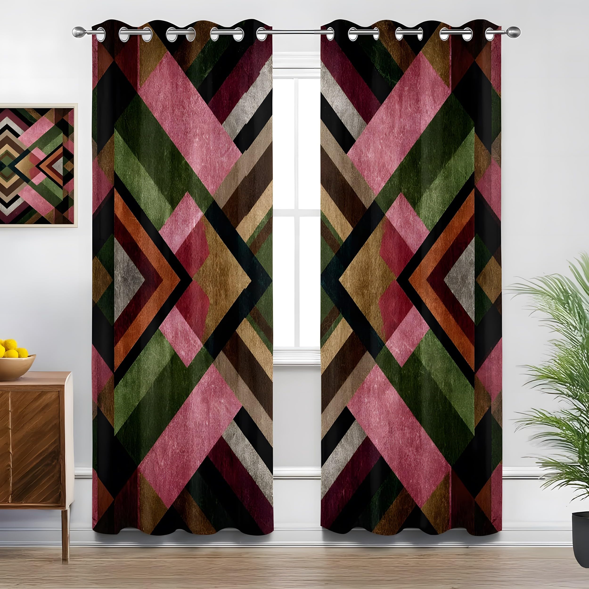 Rideaux occultants géométrie rétro marron vert foncé L140 H180 rideau thermique salon