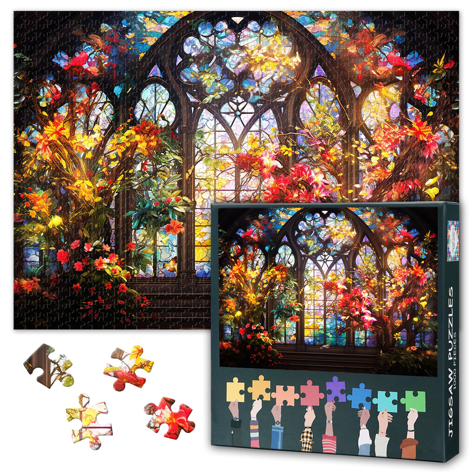 Jigsaw Puzzles for Adults 1000 Pieces, Stained Glass Window in an Old Church with Flowers and Birds 1000 Piece Jigsaw Puzzle