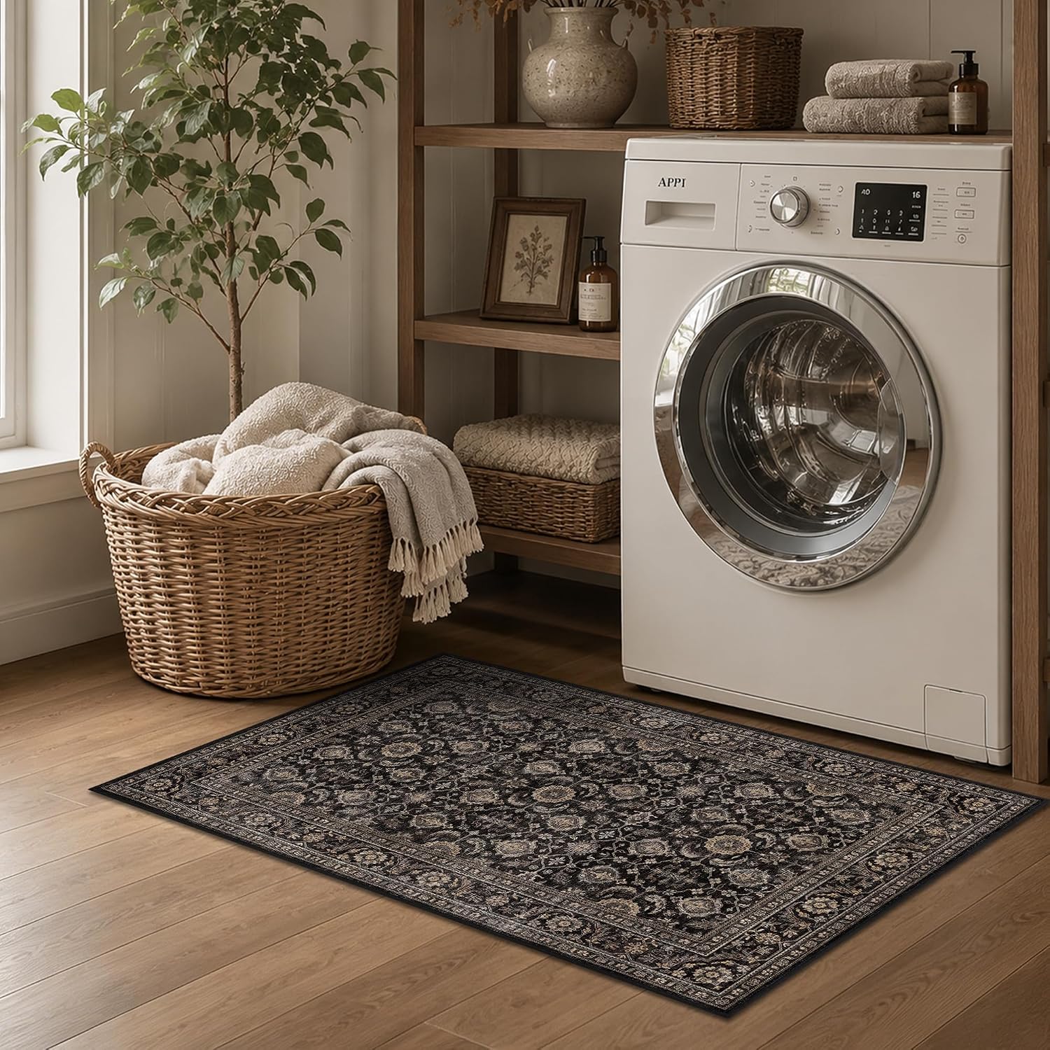  2x3 Black Gold Vintage Low Pile Non Slip Washable Boho Entryway Rug thumbnail