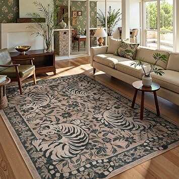سجادة منطقة LIVEBOX Tiger القابلة للغسل مقاس 8x10، سجاد Boho لغرفة المعيشة سجادة غرفة نوم زهور الغابة غير القابلة للانزلاق، سجادة أرضية حيوانات غربية ناعمة عتيقة لغرفة الطعام، مسكن مكتب منزلي، رمادي داكن