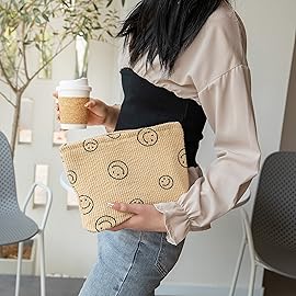 GUTGNK Makeup bag for Women, Corduroy Cosmetic Bag Aesthetic Design Ladies Tote Bag,Cute Smiley Face Makeup Organizer with Zipper - Khaki