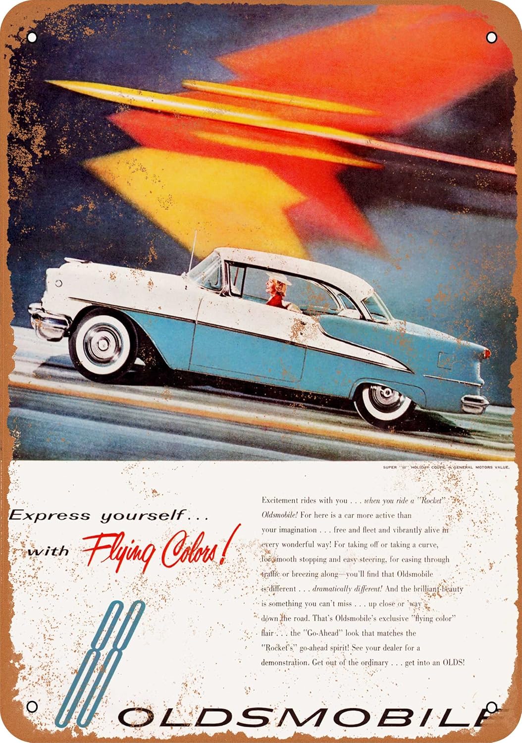 Letrero de metal de 7 x 10  1955 Oldsmobile 88 colores voladores  aspecto vintage oxidado