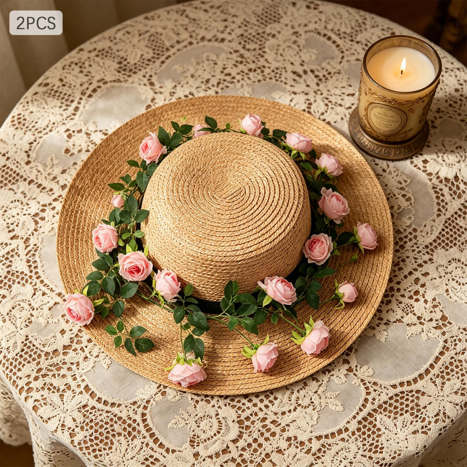 2er Set Künstliche Rosen Girlande, Seidenblumen Hochzeitsdeko(Rosa) | Champagner Rosen Girlanden mit biegsamen Stielen für Hochzeiten, Partys, Kamin, Türen und kreative Raumdekoration