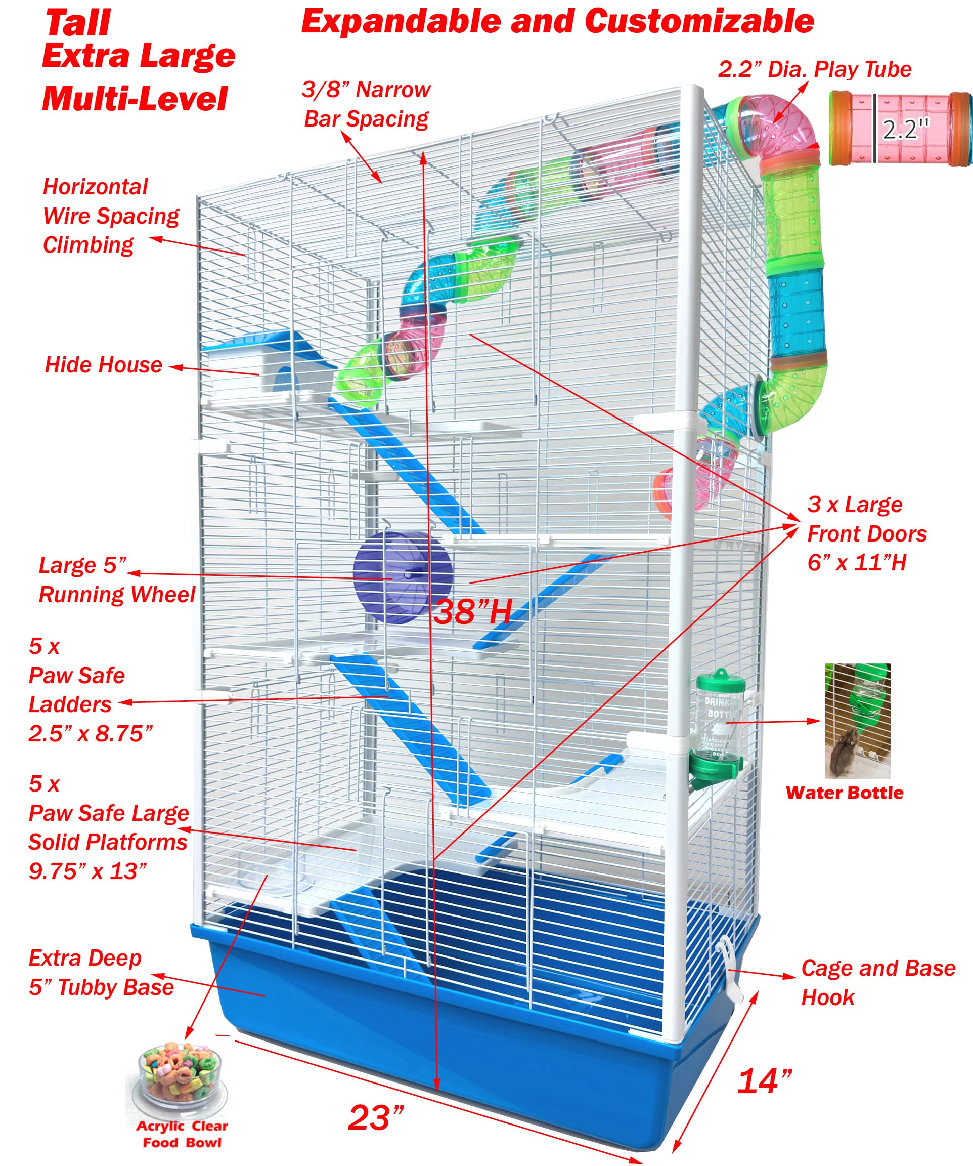 Torre alta extra grande de varios niveles, fácil instalación, hámster, palacio, jerbo, hábitat, ratón, casa, ratones, bichos, jaula para el hogar con juego completo de accesorios, base profunda