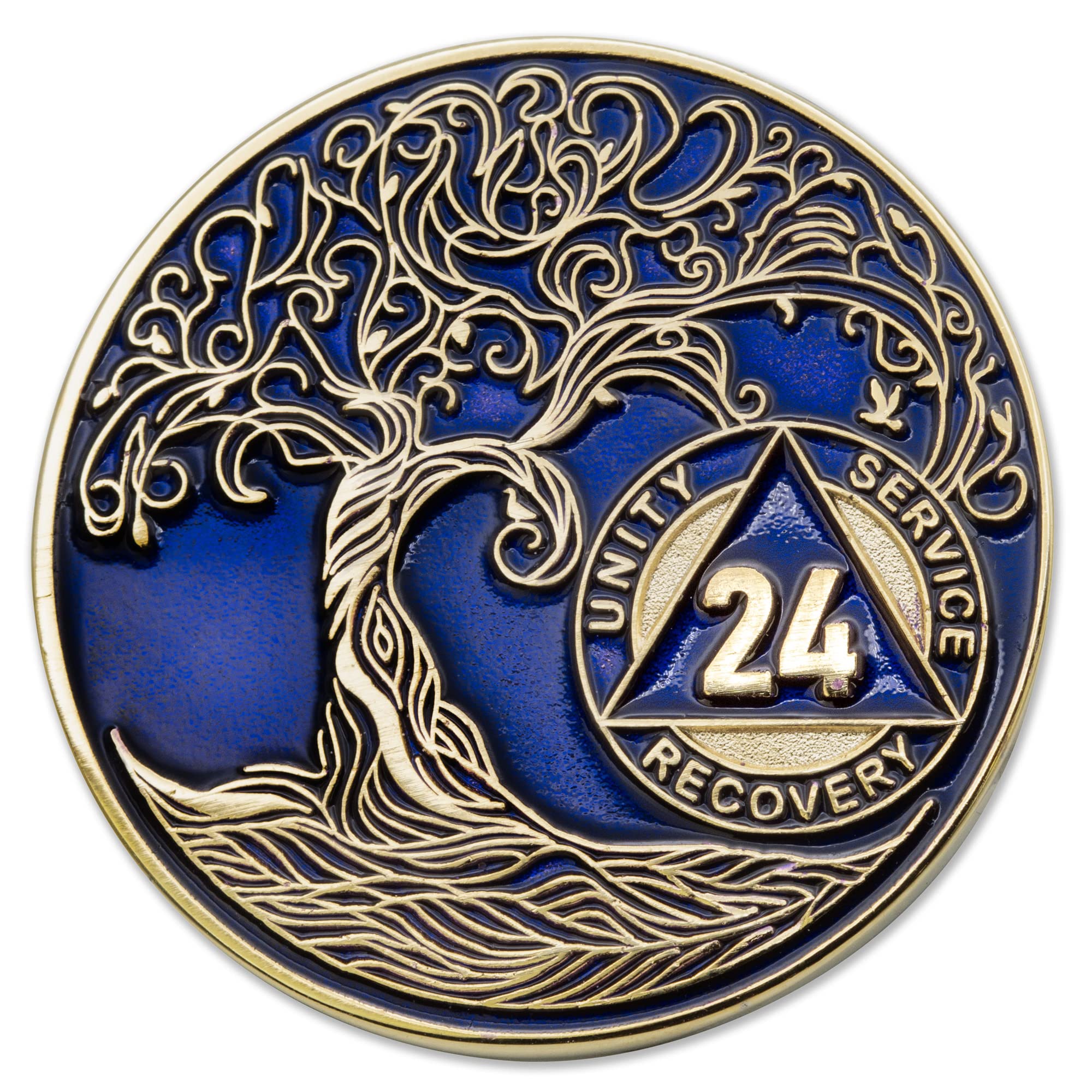1 to 50 Year Twisted Tree of Life Sobriety Coin - Gold Plated AA Chips &amp; Medallions - 24 Year Sobriety Coin - Translucent Blue