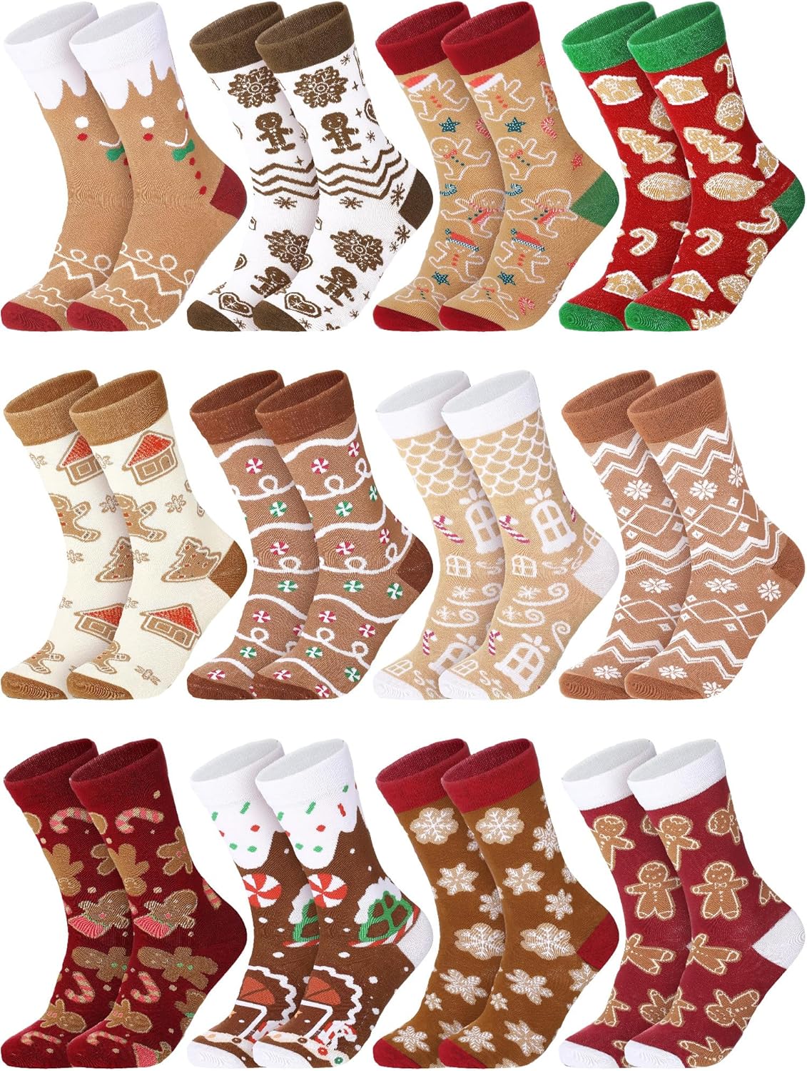 12 Pairs Funny Gingerbread Man Themed Socks Bulk Christmas Gifts for Men Women Novelty Breathable Cotton Gingerbread Man Crew Sock for Winter Xmas Gifts