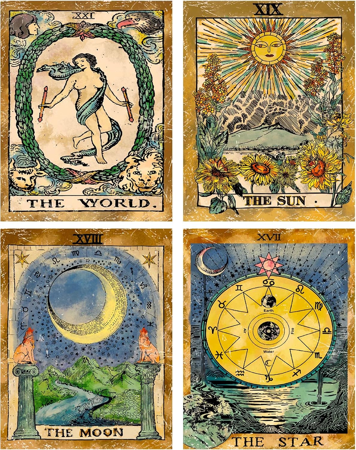 ZeeDix 4 Pcs Tarot Flag Tapestry- Small Tarot Card Europe Mysterious Medieval Tapestry, The Sun, The Moon, The Star Astrology Divination Tapestry for Home Room with Seamless Nails (New Multi-Color Tarot Tapestry-L)