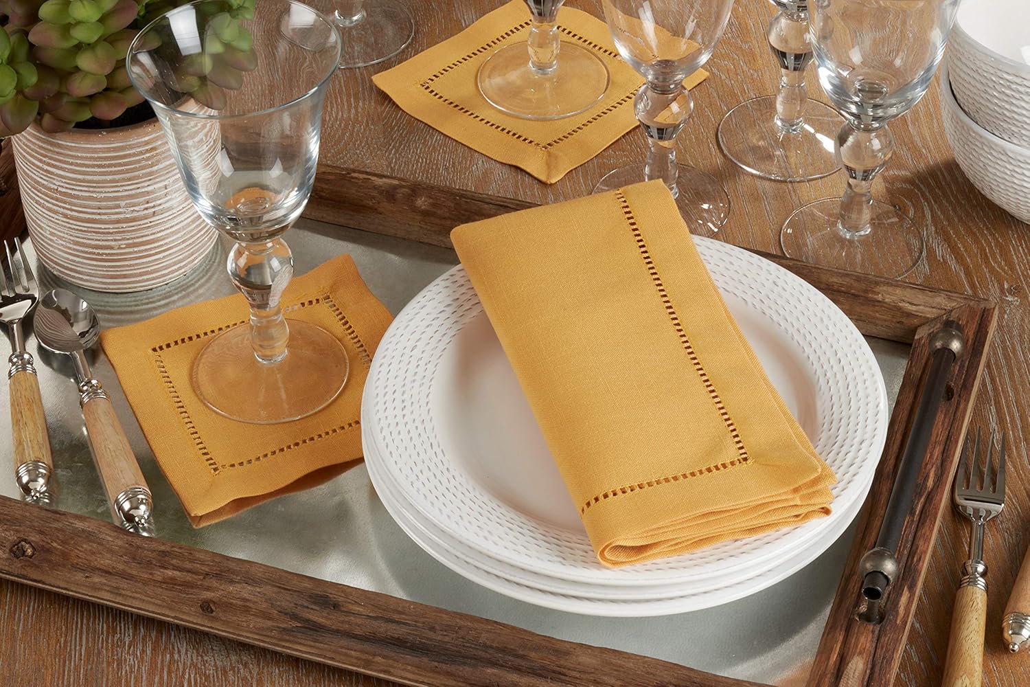 Saro Lifestyle Dinner Napkin with Hemstitched Border (Set of 12), Mustard, 20"