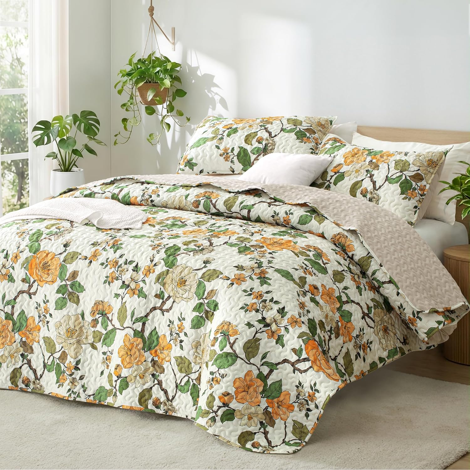 Exclusivo Mezcla Floral Quilts Queen Size, Yellow Queen Quilt Bedding Set with Chic Vintage Garden Pattern, Reversible Lightweight Spring Bedspreads Coverlets Bed Cover for All Seasons (92"x96"