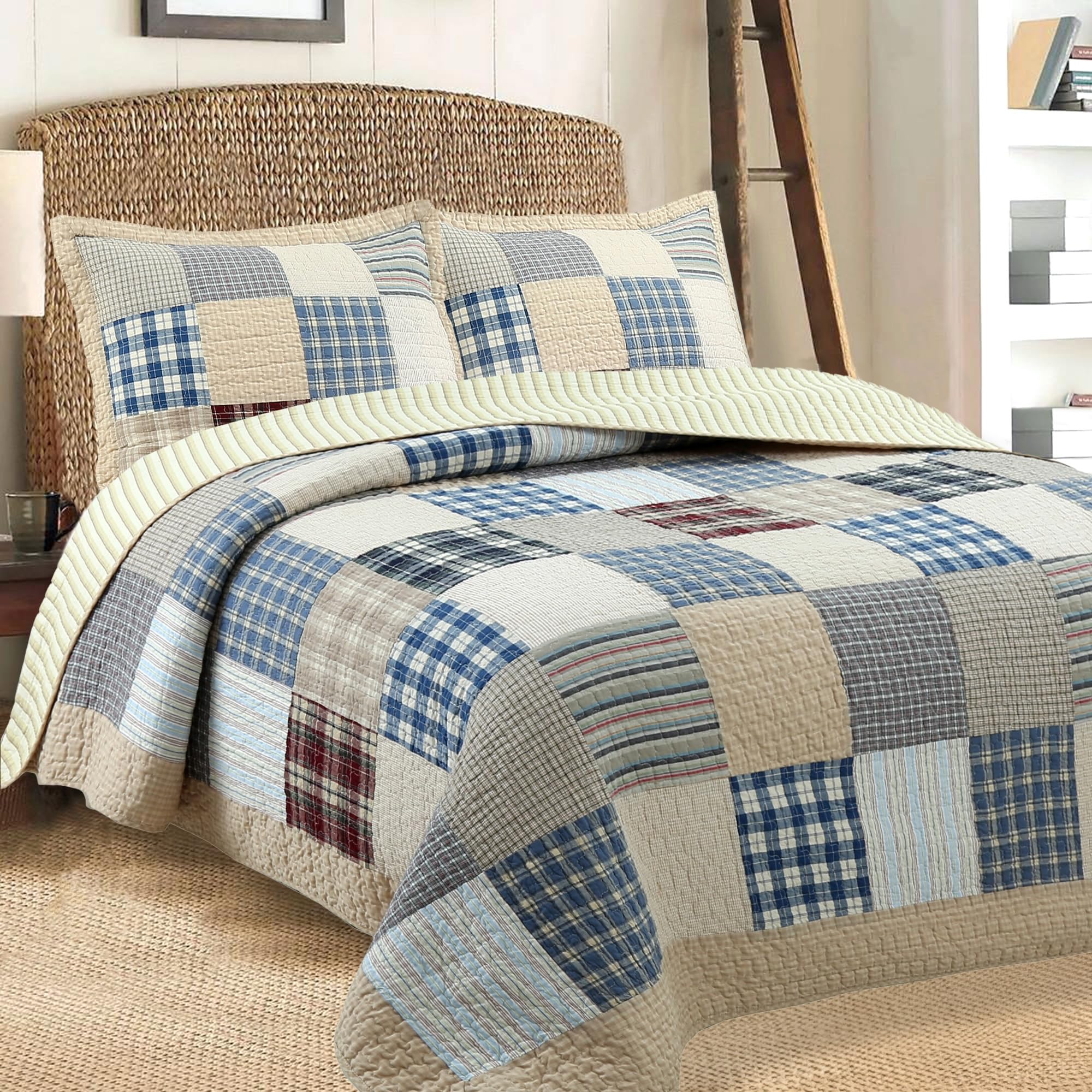 Cozy Line Home Fashions 100% Cotton Real Patchwork Reversible Quilt Bedding Set, Classic Tartan Demin Plaid Grid Farmhouse Rustic Coverlet Bedspread (