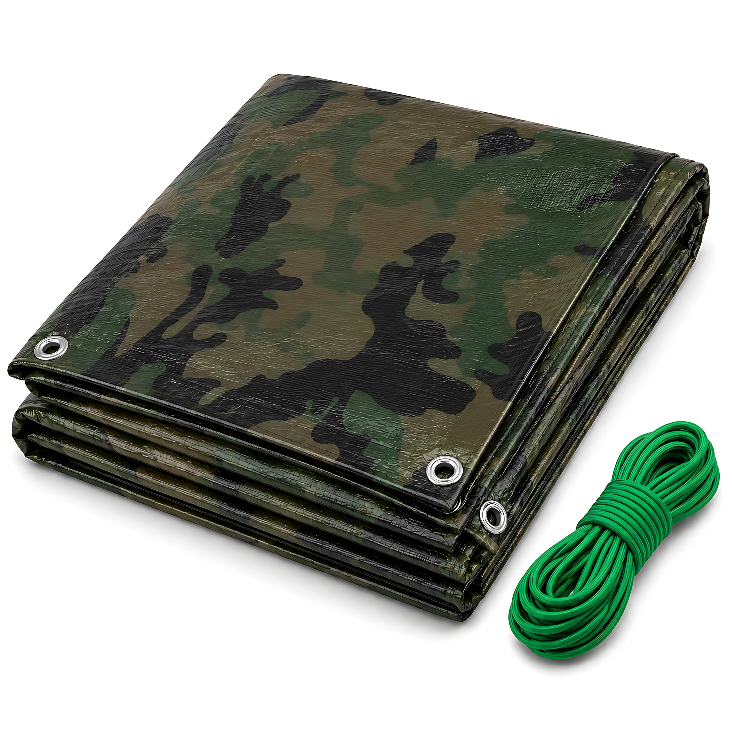 Camouflage Tarpaulin 4 x 4m Heavy-Duty Waterproof 85gsm with 10m Elastic Tie Rope - Camo Tarp Sheet Cover for Camping, Fishing, Garden Storage, Logs, Trailer, Allotment, Temporary Outdoor Use