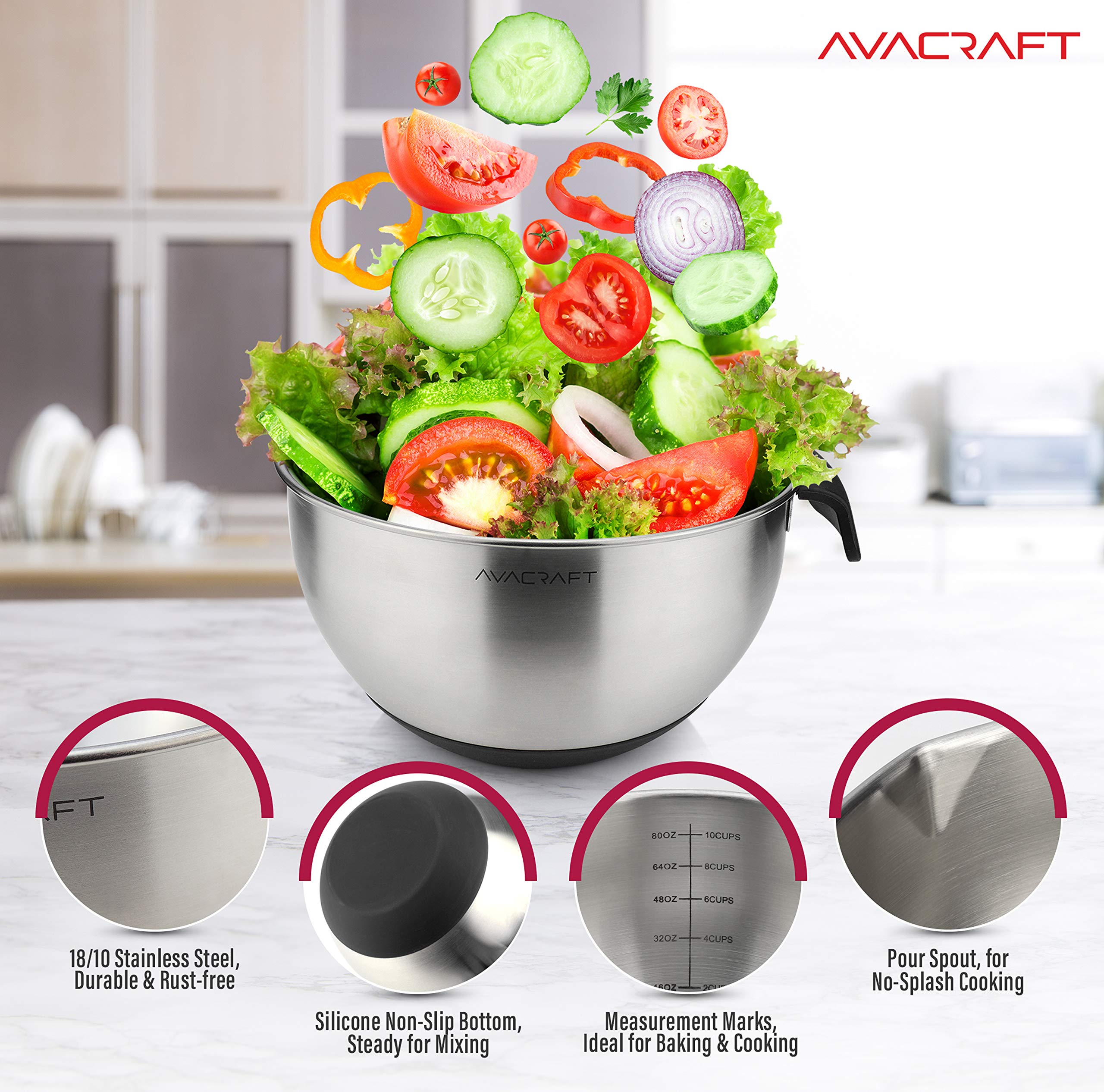 AVACRAFT Modern High Quality 18/10 Stainless Steel Mixing Bowl Set with Lids, Soft Handle & Spout by AVACRAFT