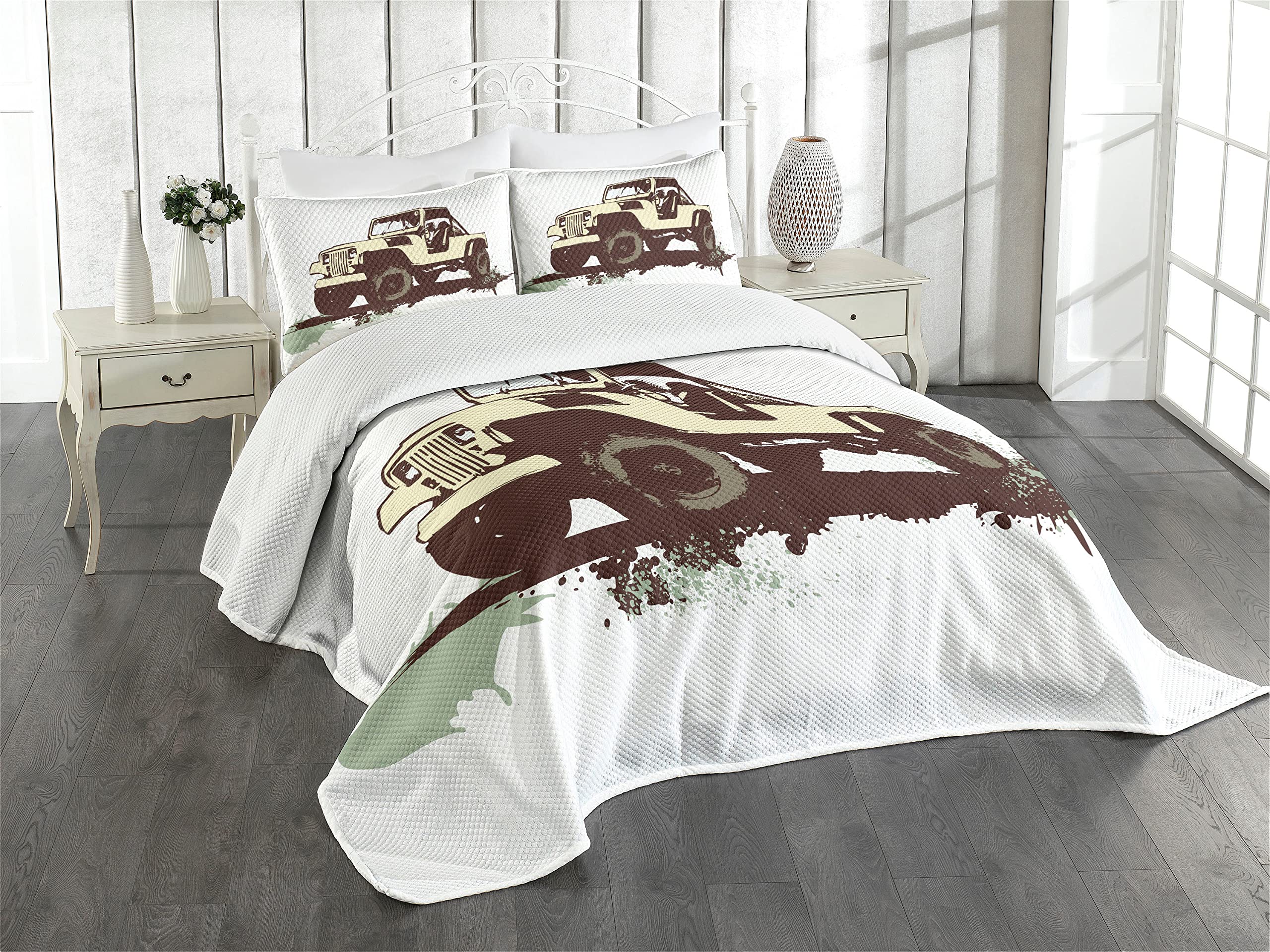 Colcha Grunge Lunarable con diseño de coche retro en marrón y menta para cama