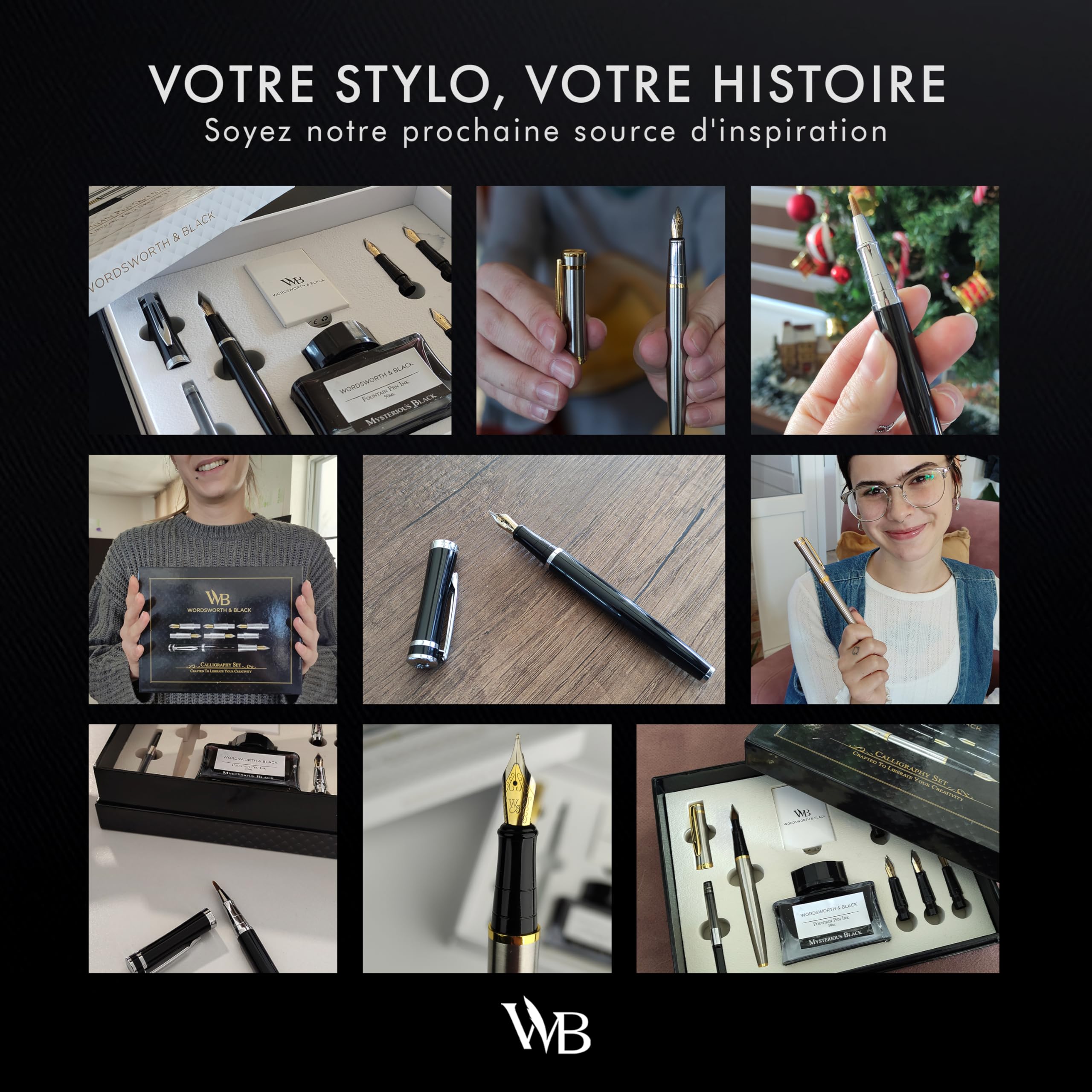 Wordsworth & Black Ensemble de Cadeau Stylo Calligraphie, Bouteille encre, 6 Cartouches, Convertisseur de Recharge, 6 Pointes de Rechange, Paquet Premium [Argent Or]