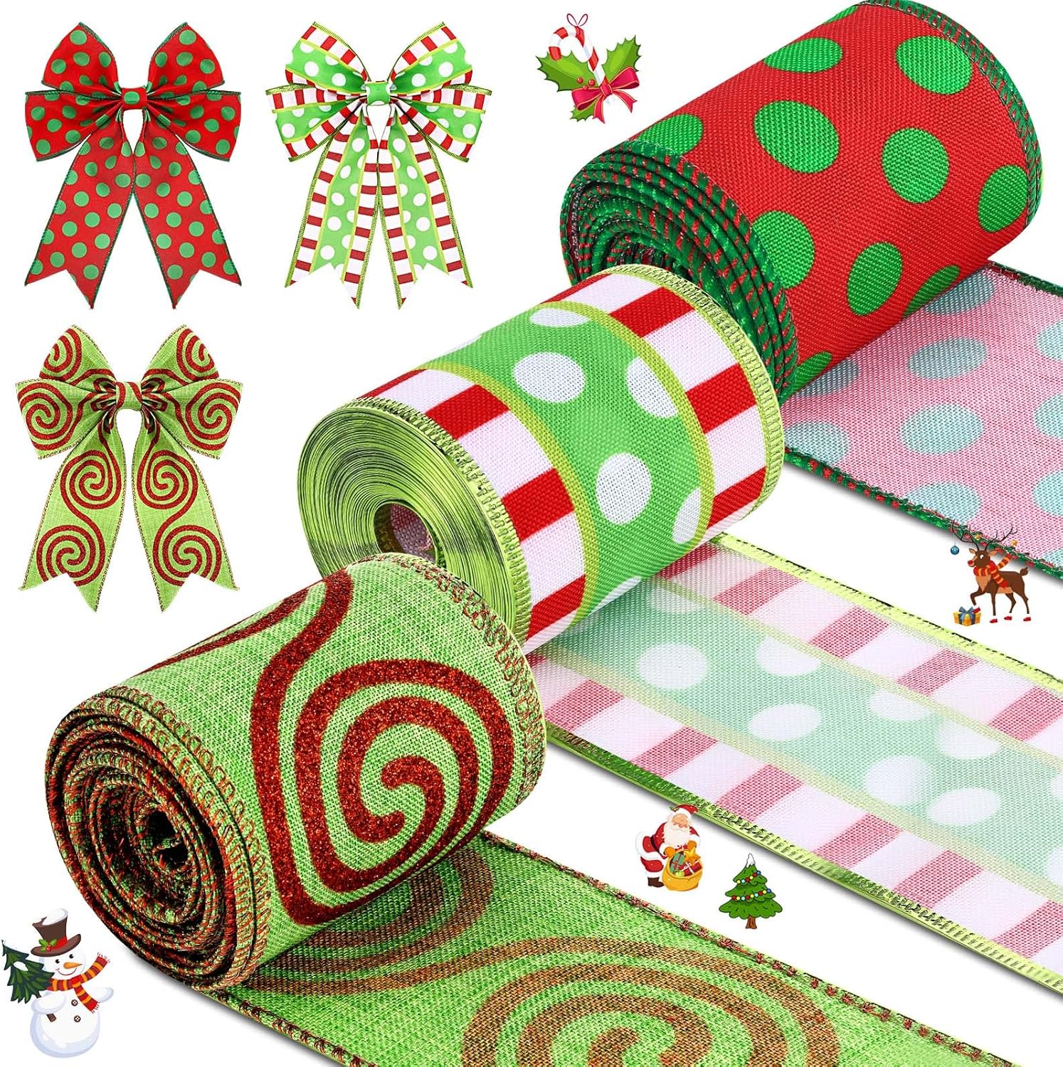 3 Rolls Christmas Wired Ribbon 30 Yard Red and Lime Green