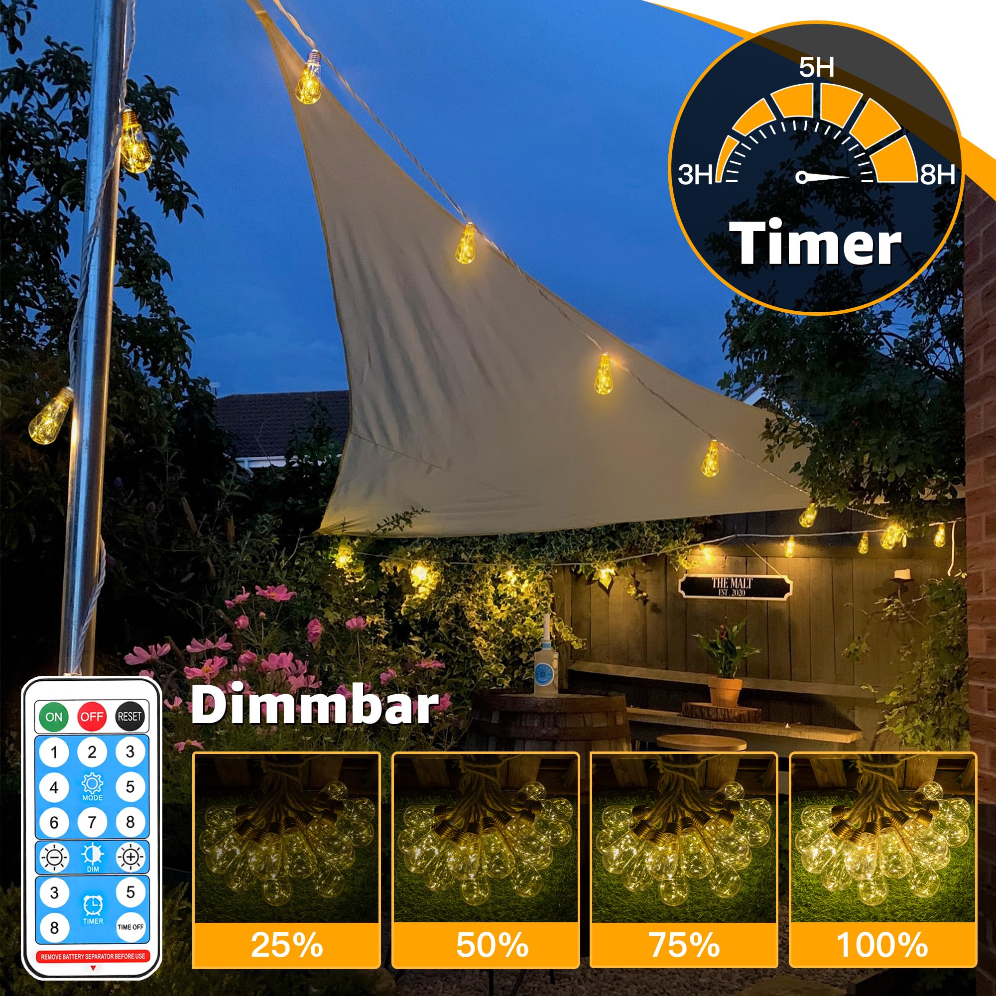 Ollny Solar Lichterkette Aussen, mit 24 S17 Glühbirnen 12M Lichterketten Außen Wetterfest, 8 Modi Timer Dimmbar für Vintage Deko Garten Balkon Terasse Hochzeit Party