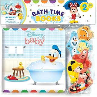 Disney Baby Waterproof Bath Time Books for Toddlers - 6 Padded Suction Cups, Mesh Bag, Fun Activity Bath Book