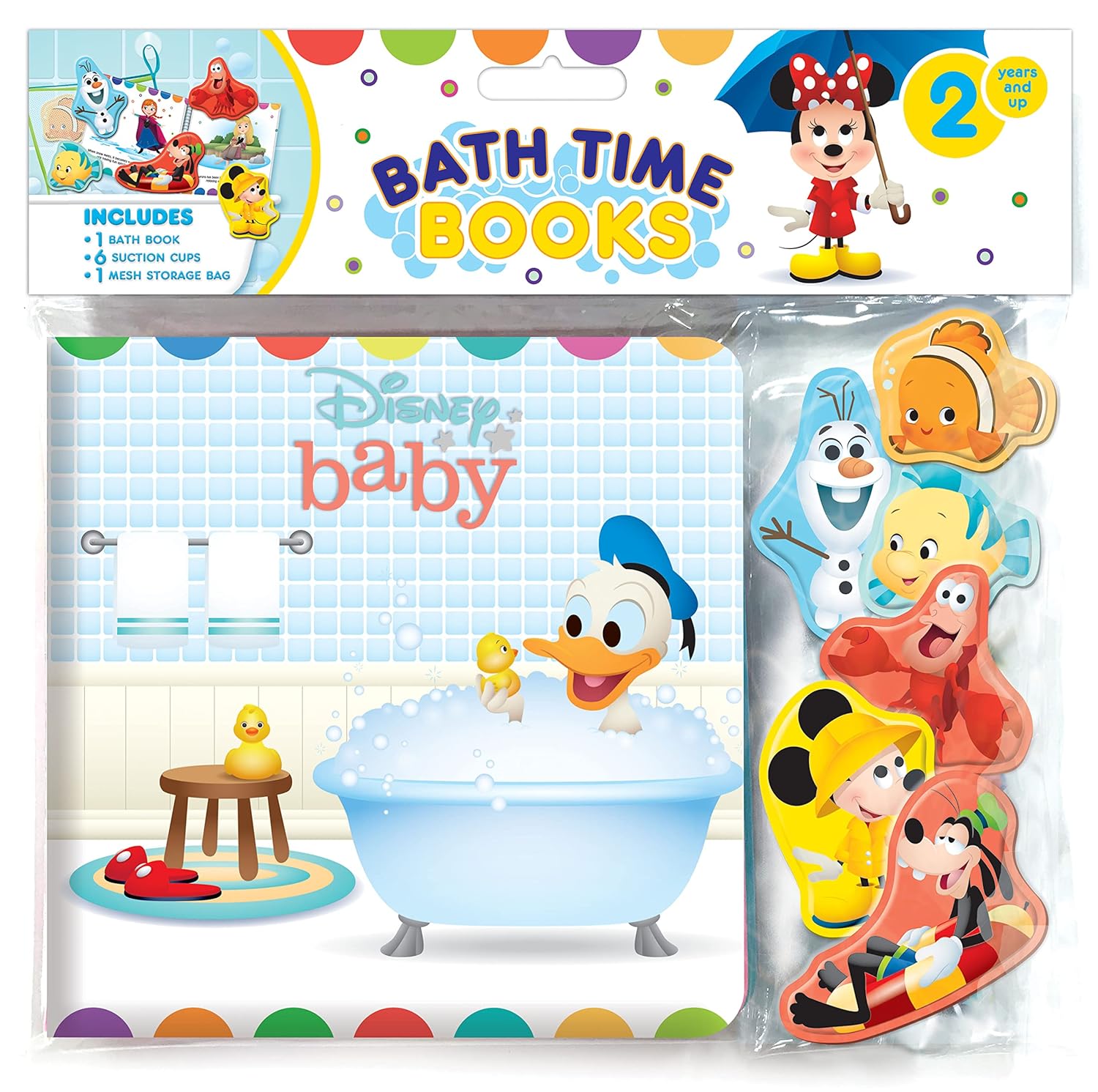 Disney Baby Waterproof Bath Time Books for Toddlers - 6 Padded Suction Cups, Mesh Bag, Fun Activity Bath Book