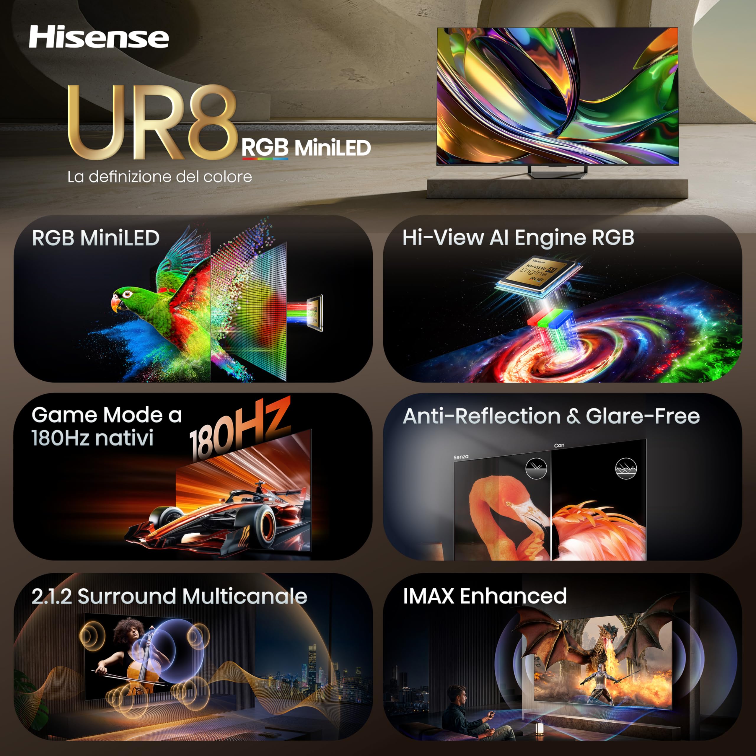 Hisense Smart TV RGB MiniLED 180Hz 55" 4K 55UR8S | Schermo Anti-Riflesso, Dolby Atmos 2.1.2 By Devialet, Dolby Vision IQ, IMAX, VIDAA OS, Wifi 6E, BT, Airplay2, 2026 Model