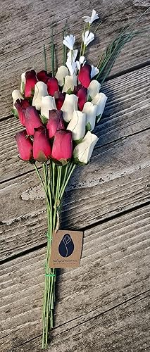 Miniatura 5 de The Original Wooden Rose, Rojo con puntas negras y ramo de rosas de madera blanca (2 docenas)