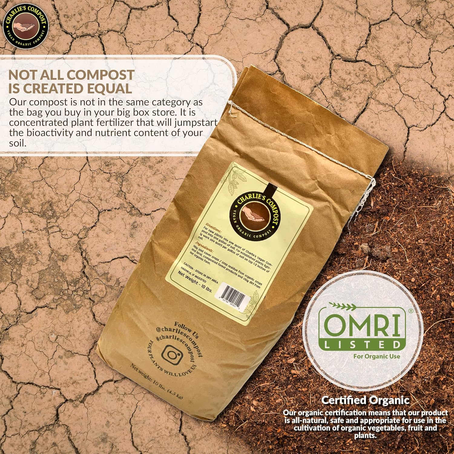Charlie's Vegan Compost - Concentrated Organic Gardening Vegan Cruelty Free Plant Soil Amendment Dirt Booster - Indoor or Outdoor Garden Farming, Increase Yield in Vegetables, Plants - 10 Lb