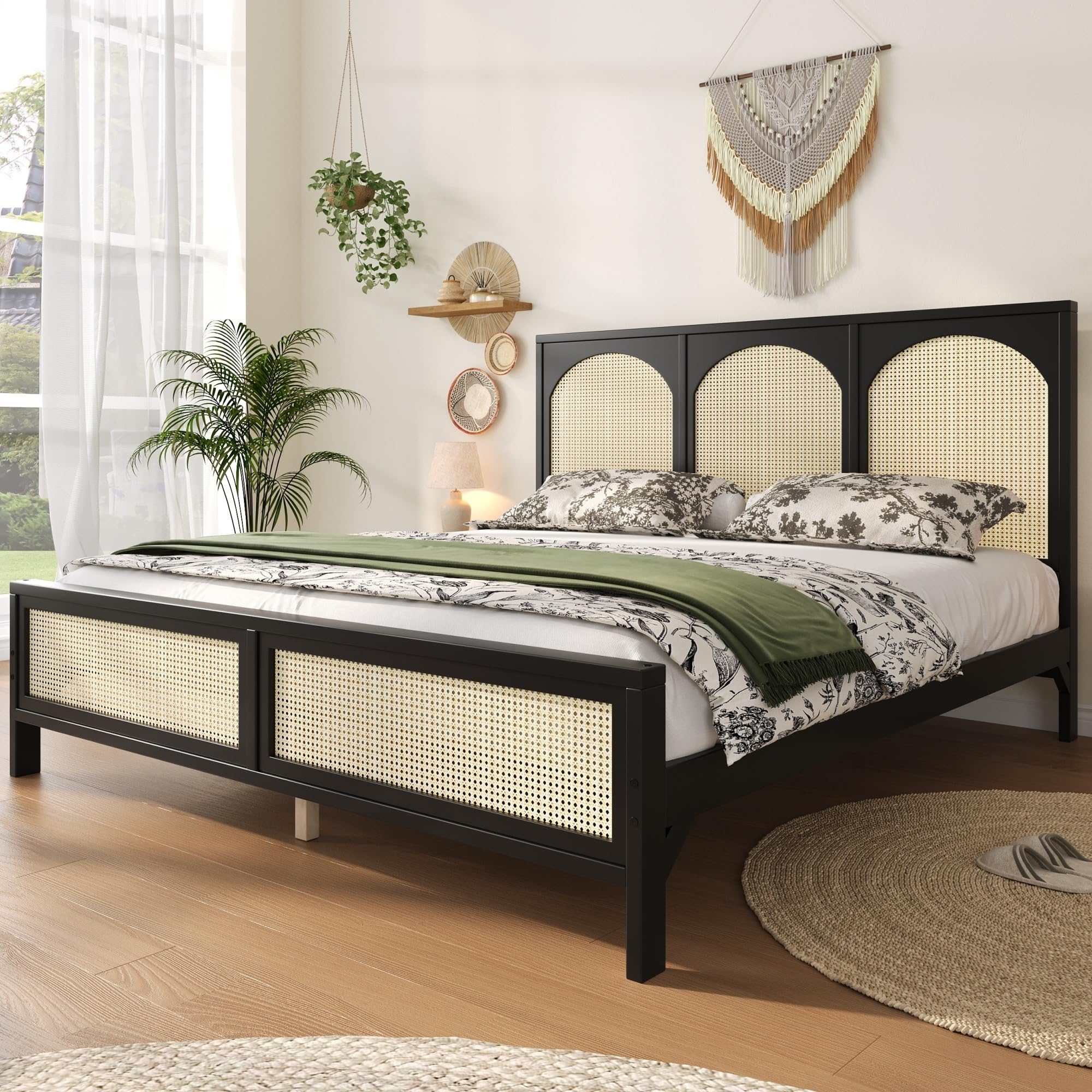 Bellemave Queen Size Bed Frame with high Headboard, Queen Size Wood Platform Bed with Rattan Headboard and Footboard, Black+Beige