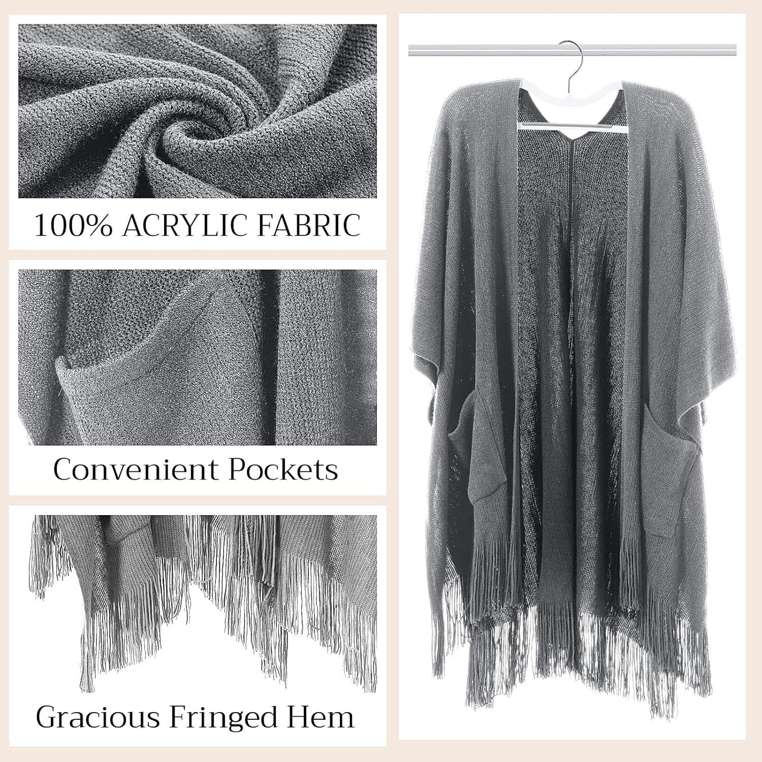 Knitted Poncho for Women, Shawl Wraps with Pockets, Open Front Fringe Winter Shawl with Tassel, Gift for New Year - Image 4