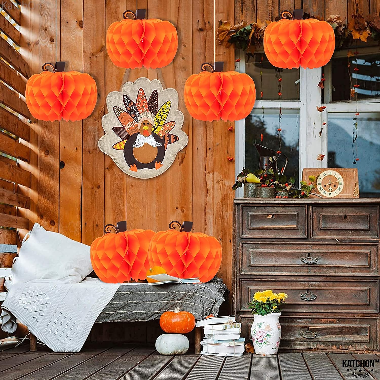 KatchOn, Pumpkin Table Centerpieces - Big 10 Inch, Pack of 6 | Pumpkin Decor, Honeycomb Paper Pumpkins for Thanksgiving Decorations | Paper Pumpkins Party Decorations | Thanksgiving Table Decorations