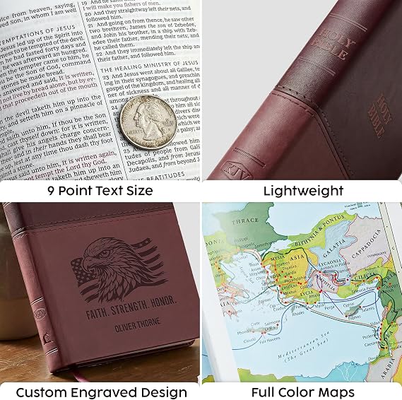 Printualist Personalized KJV Value Thinline Bible, Eagle and American Flag, Faith Strength Honor, Custom Text, Name, Date for Men, King James Version, Red Letter, Brown
